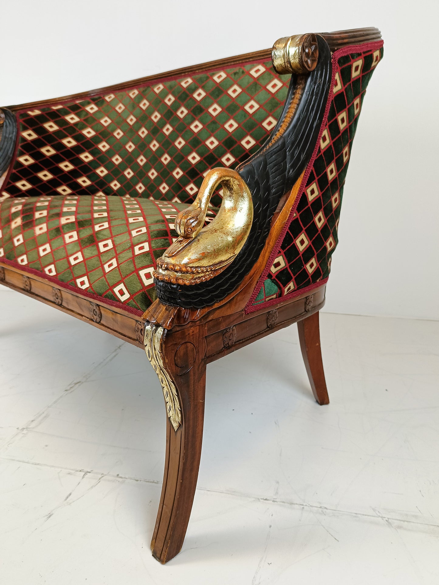 Neoclassical Lacquered Carved Swan Bench