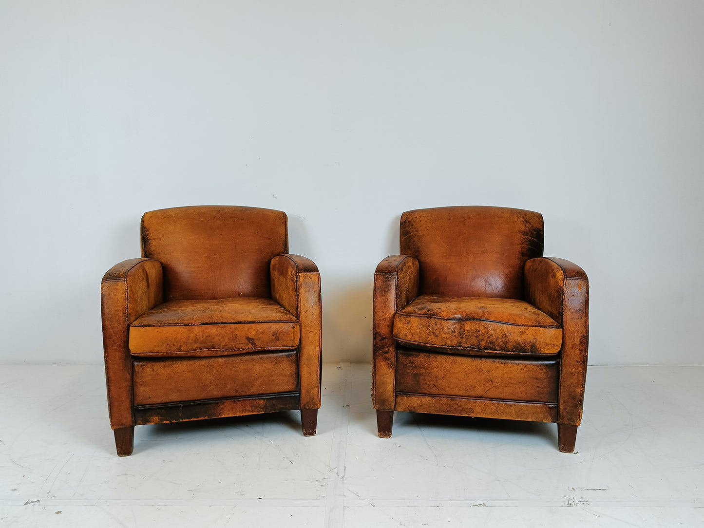 Great Looking Patinated Sheep Leather Armchair Set