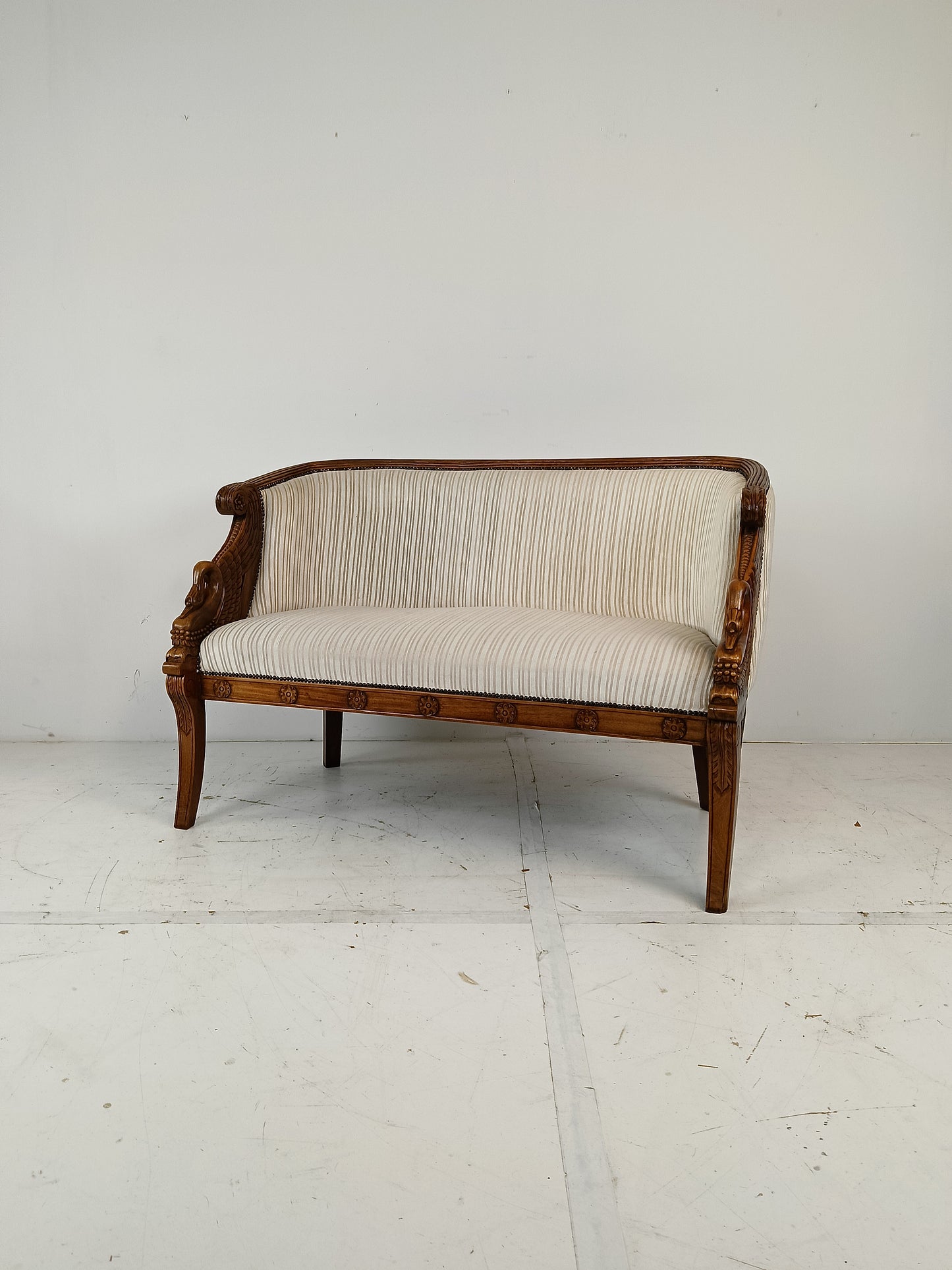 Neoclassical Carved Swan Bench Beige