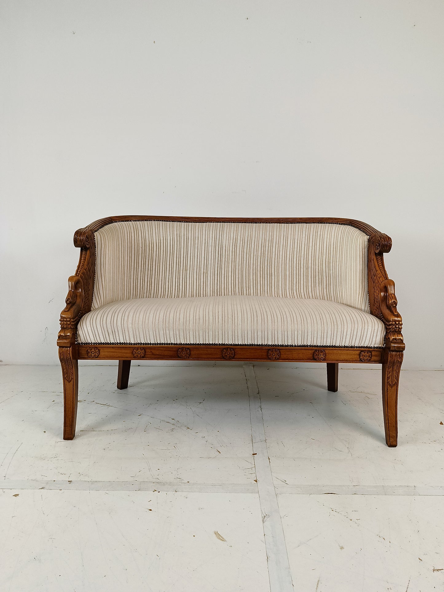 Neoclassical Carved Swan Bench Beige