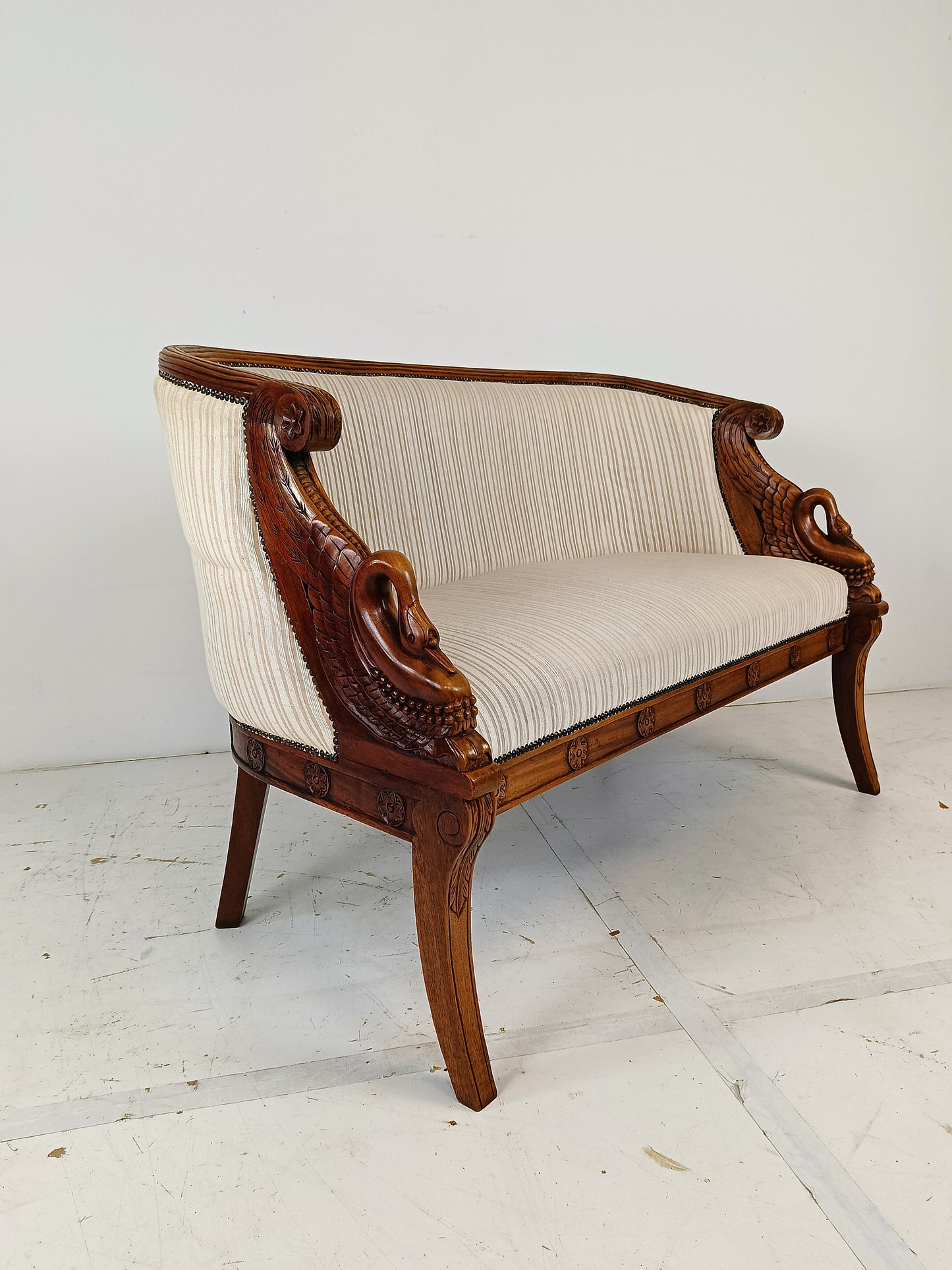 Neoclassical Carved Swan Bench Beige