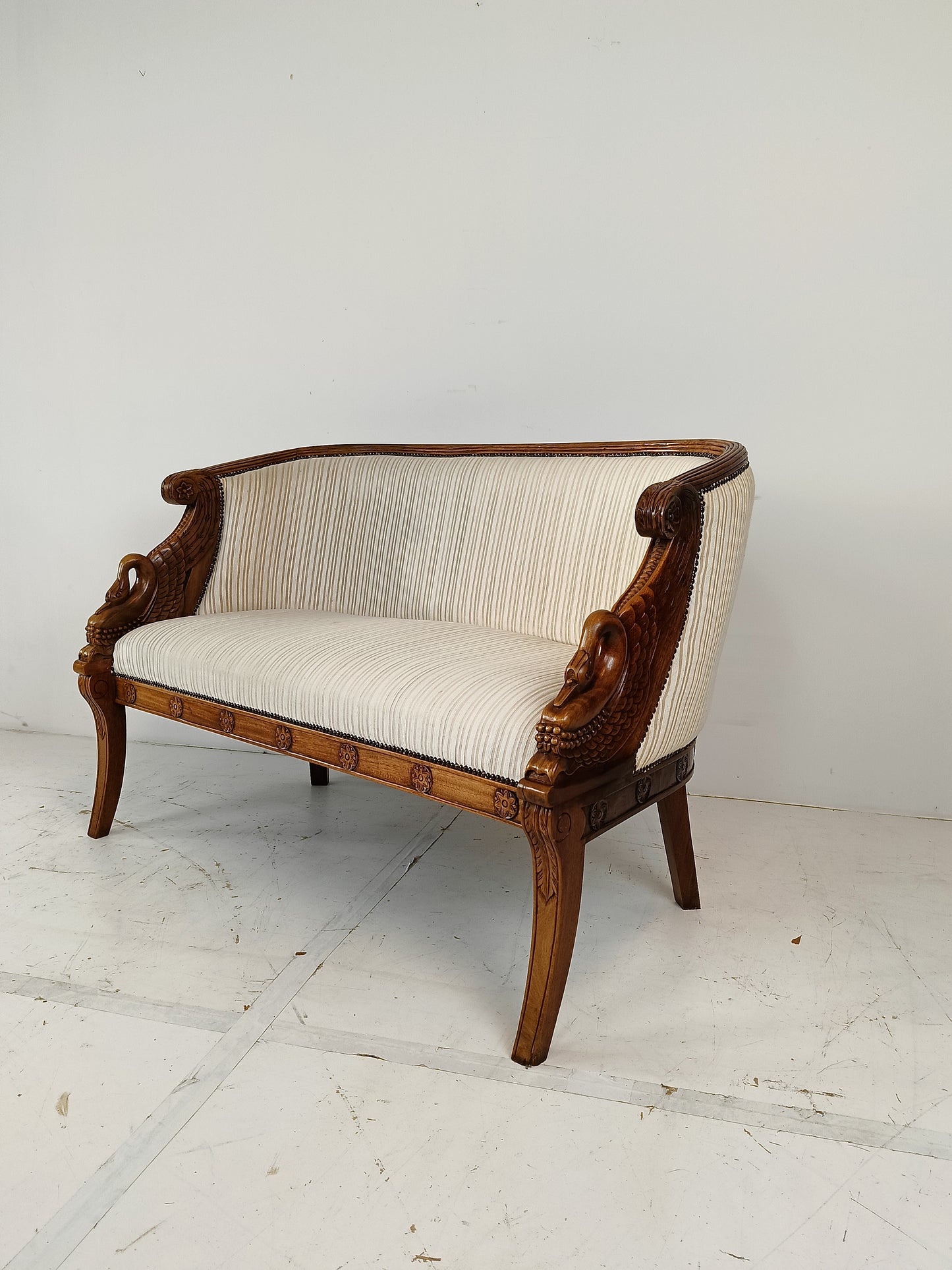 Neoclassical Carved Swan Bench Beige