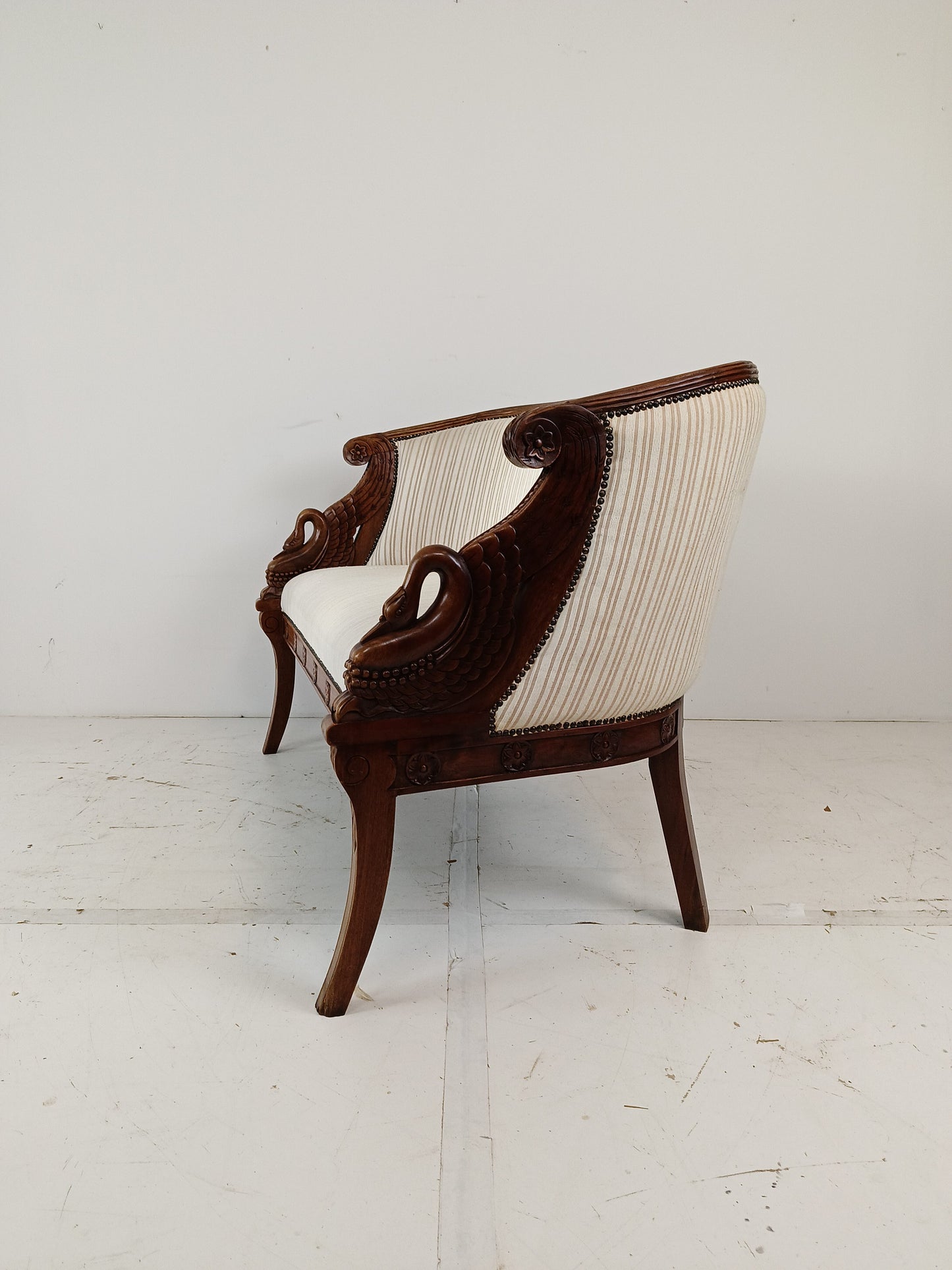 Neoclassical Carved Swan Bench Beige