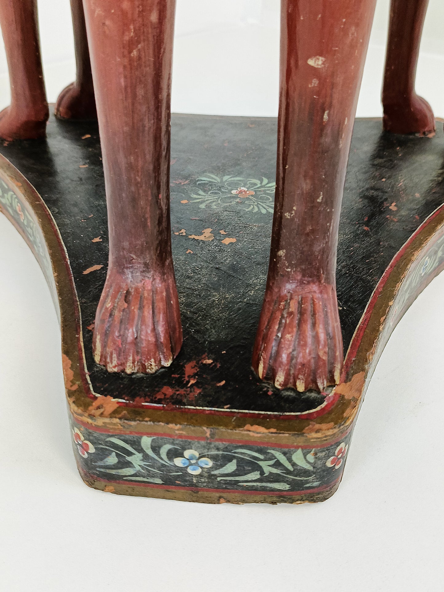 Rare Antique Wooden Table with Dog Heads and Floral Painting