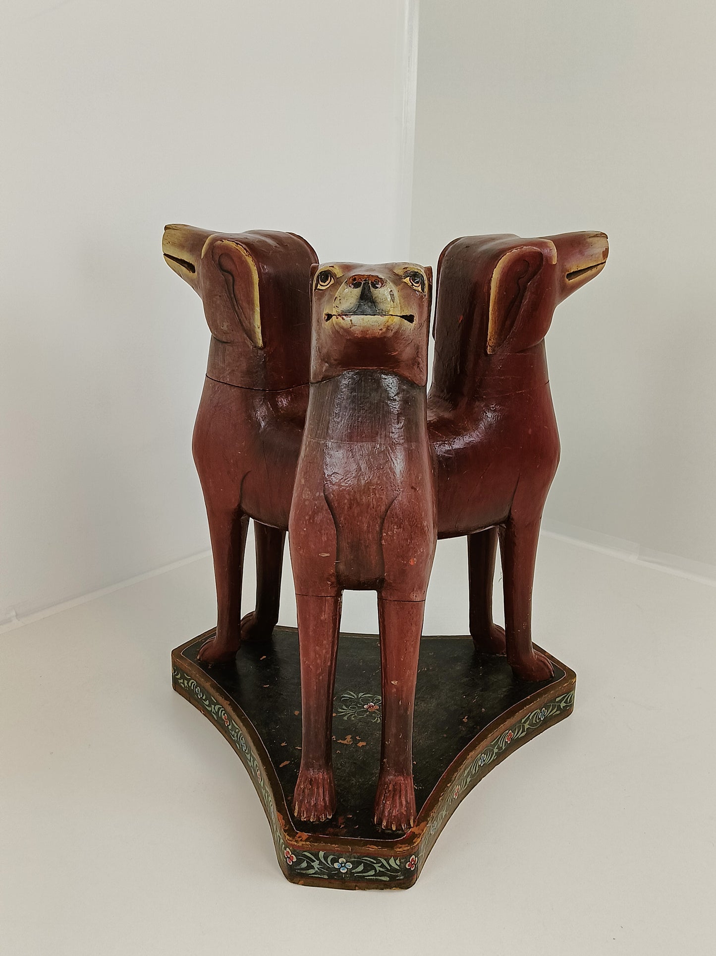 Rare Antique Wooden Table with Dog Heads and Floral Painting