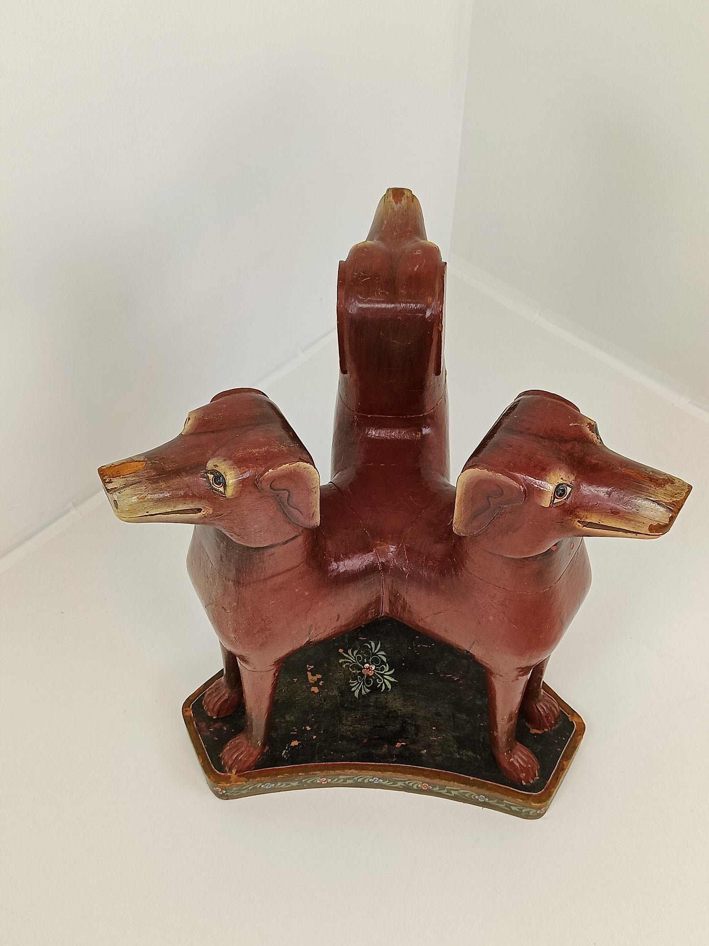 Rare Antique Wooden Table with Dog Heads and Floral Painting