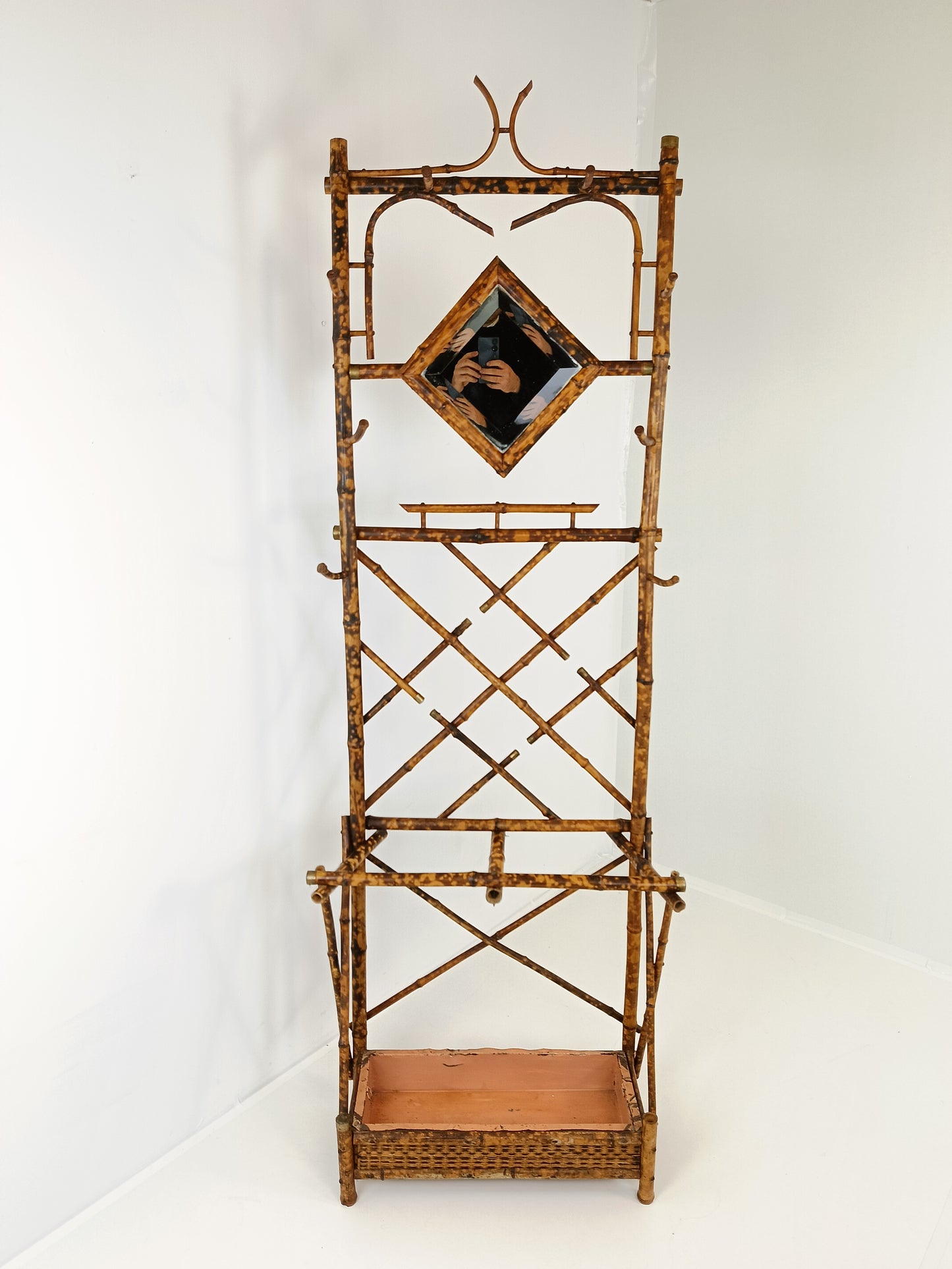 Standing Bamboo Coat Rack With Mirror Around 1920