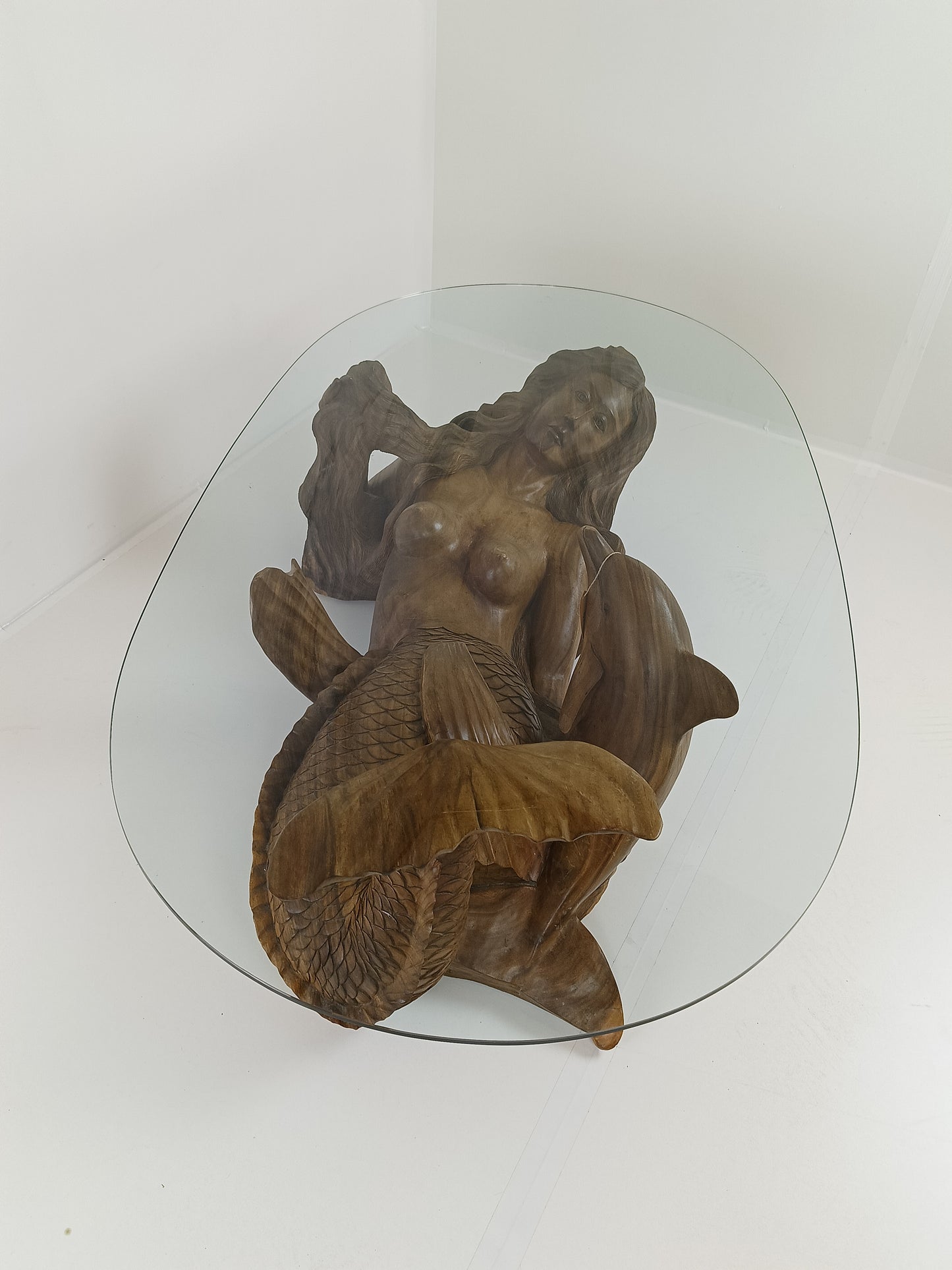 Wooden Mermaid Coffee Table With Glass Top