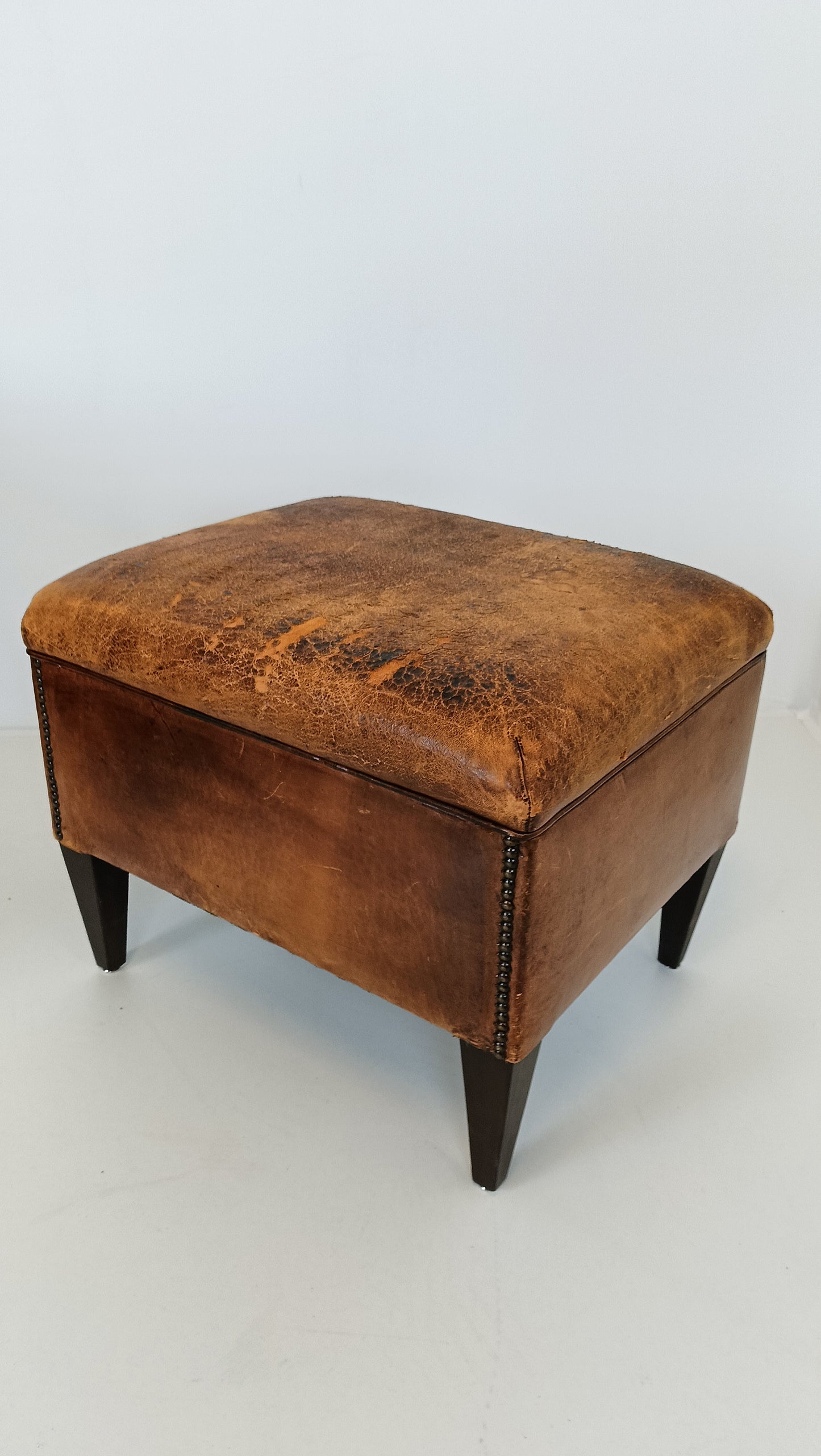 Amazing Patinated Sheep Leather Set of Chairs With Poof