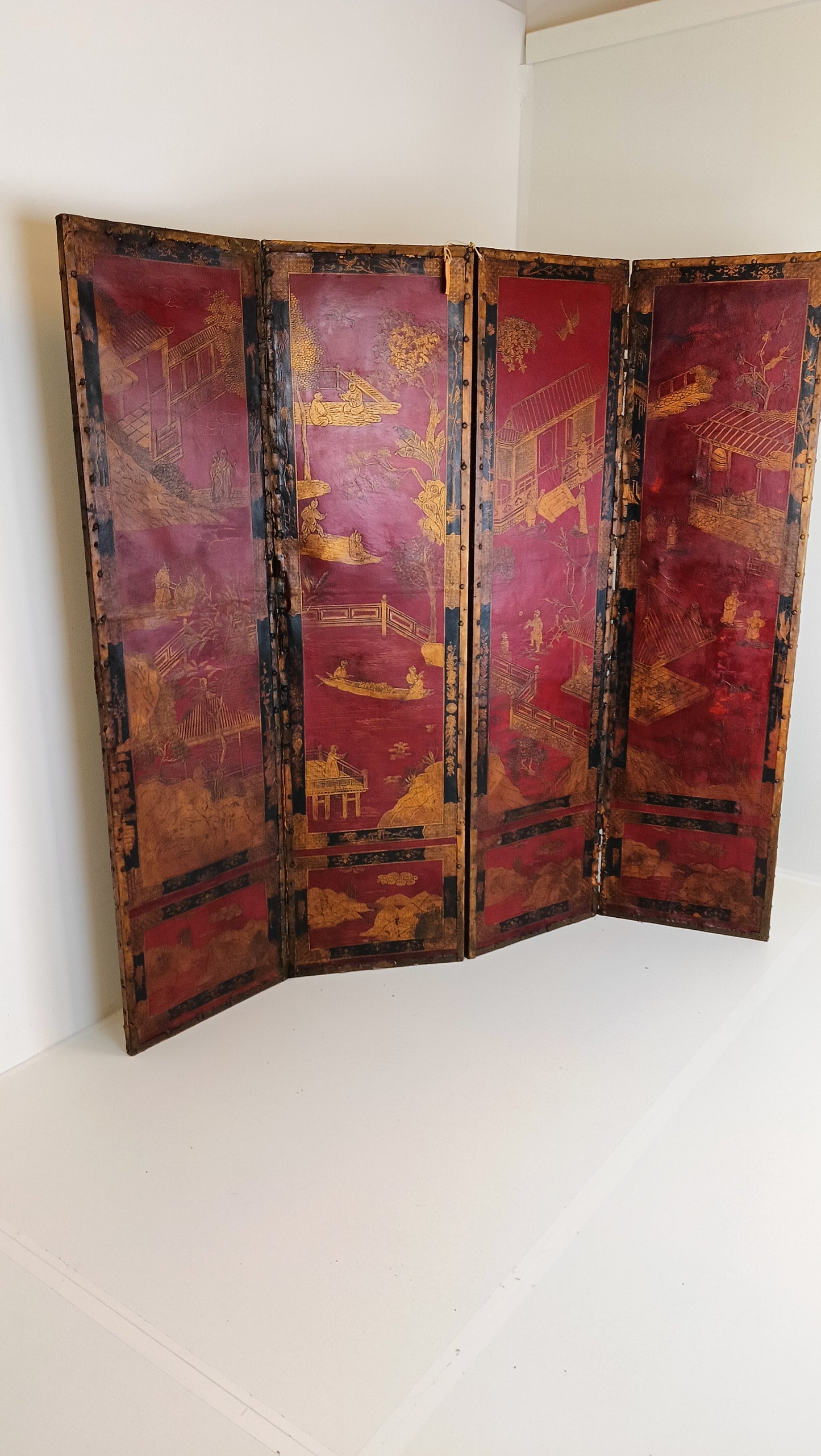Antique Chinoiserie Leather Screen