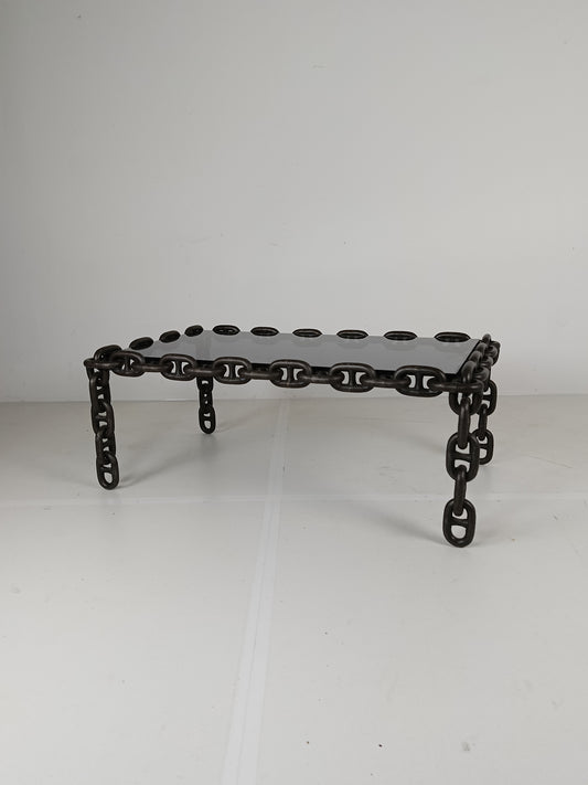 Vintage Brutalist Black Iron Chain Link Coffee Table With Original Smoked Glass, 70s