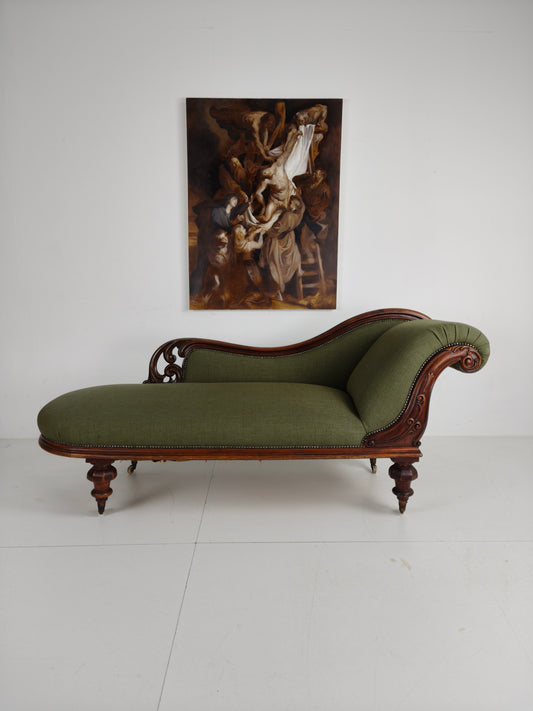 Antique English Victorian Chaise Lounge - Made of Mahogany, Beautifully Upholstered