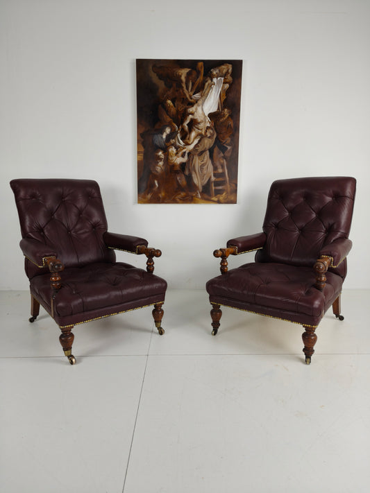 Pair of Antique Library Chairs - Original William Morris & Co Edinburgh Stamped Armchairs