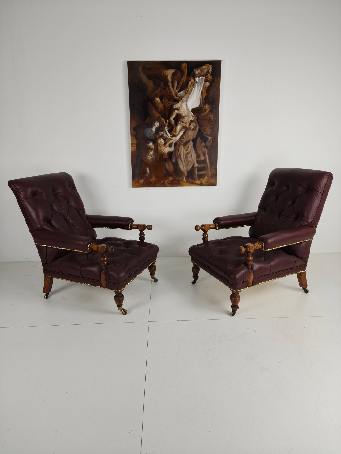 Pair of Antique Library Chairs - Original William Morris & Co Edinburgh Stamped Armchairs
