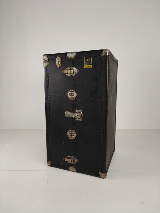 Antique 1924 Belber Black Leather Steamer Trunk - Large Travel Wardrobe