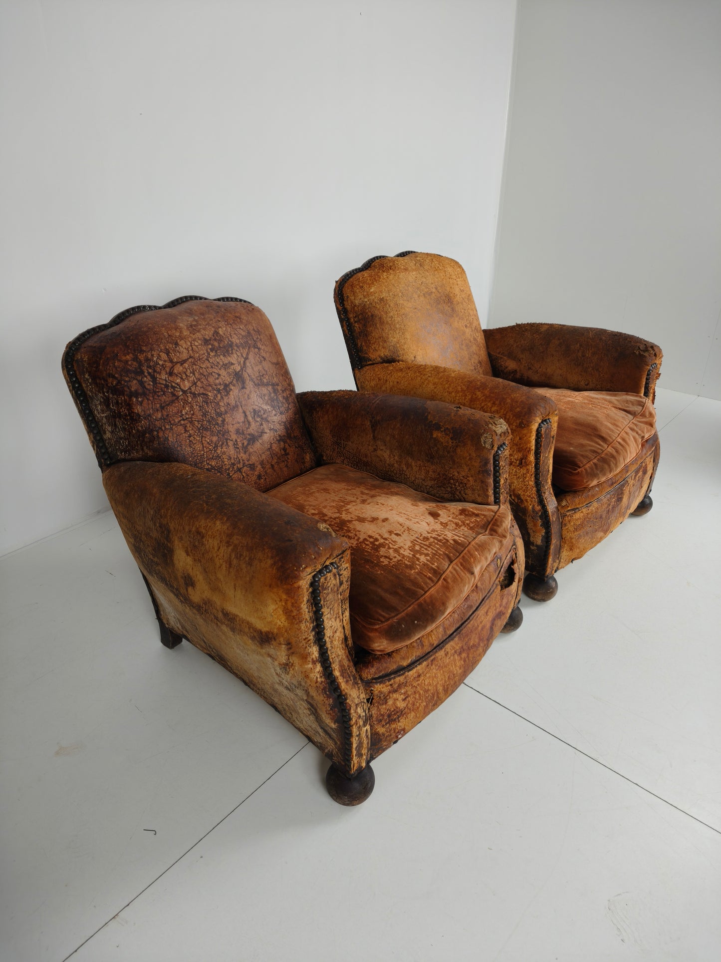 Pair of Antique 19th Century French Club Chairs – Sheep Leather