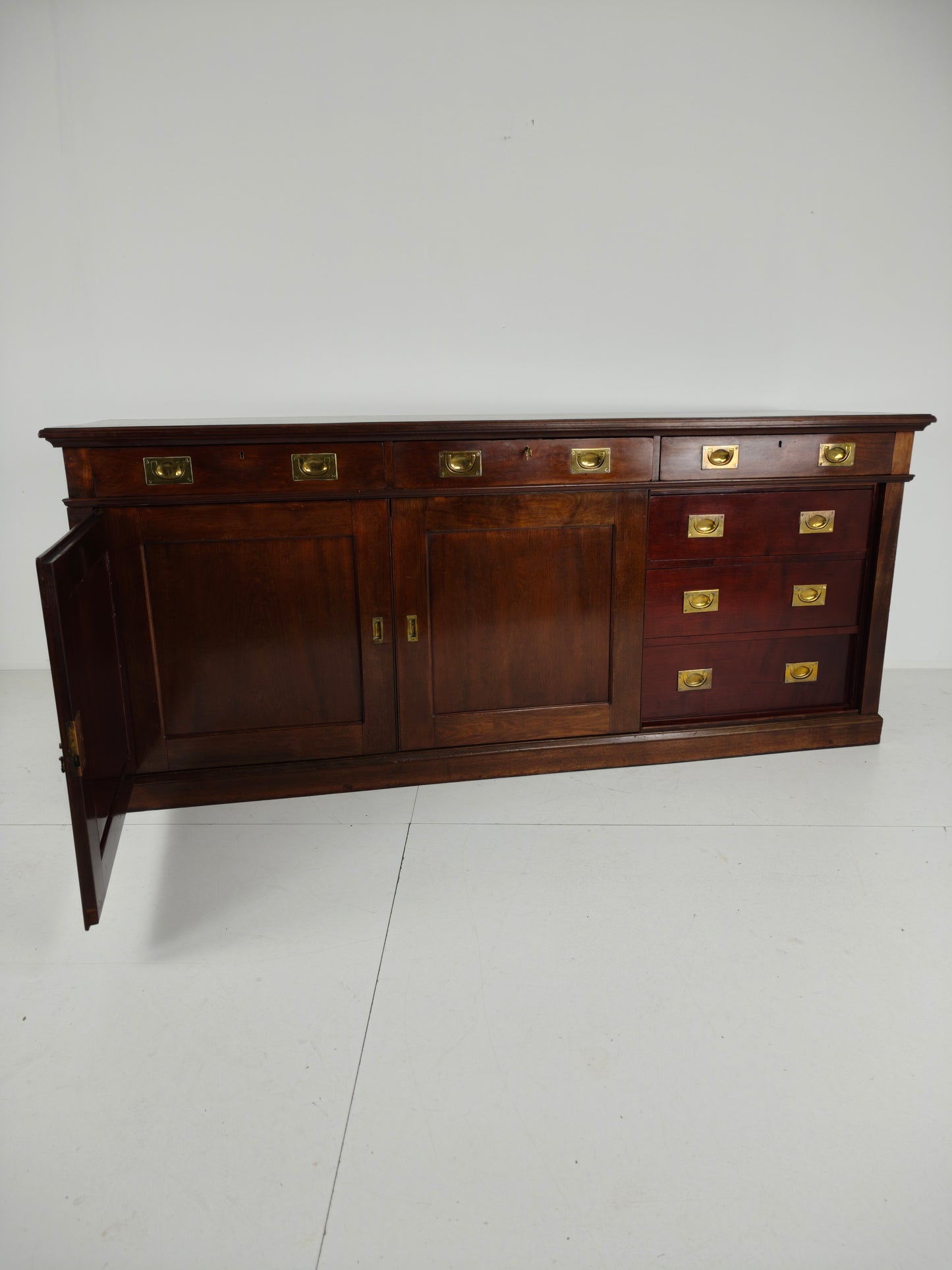 Early 20th-Century English Mahogany Dresser / Sideboard – Brass Campaign Hardware
