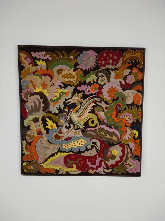 Original French Hand-Embroidered Textile – Griffin & Floral Design – c.1930–1940