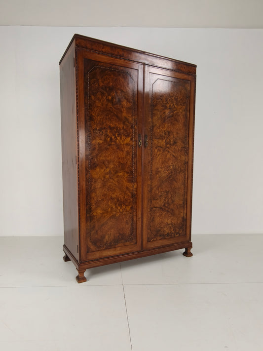 Stunning English Art Deco Burr Walnut Wardrobe by Waring & Gillow – c.1900–1932