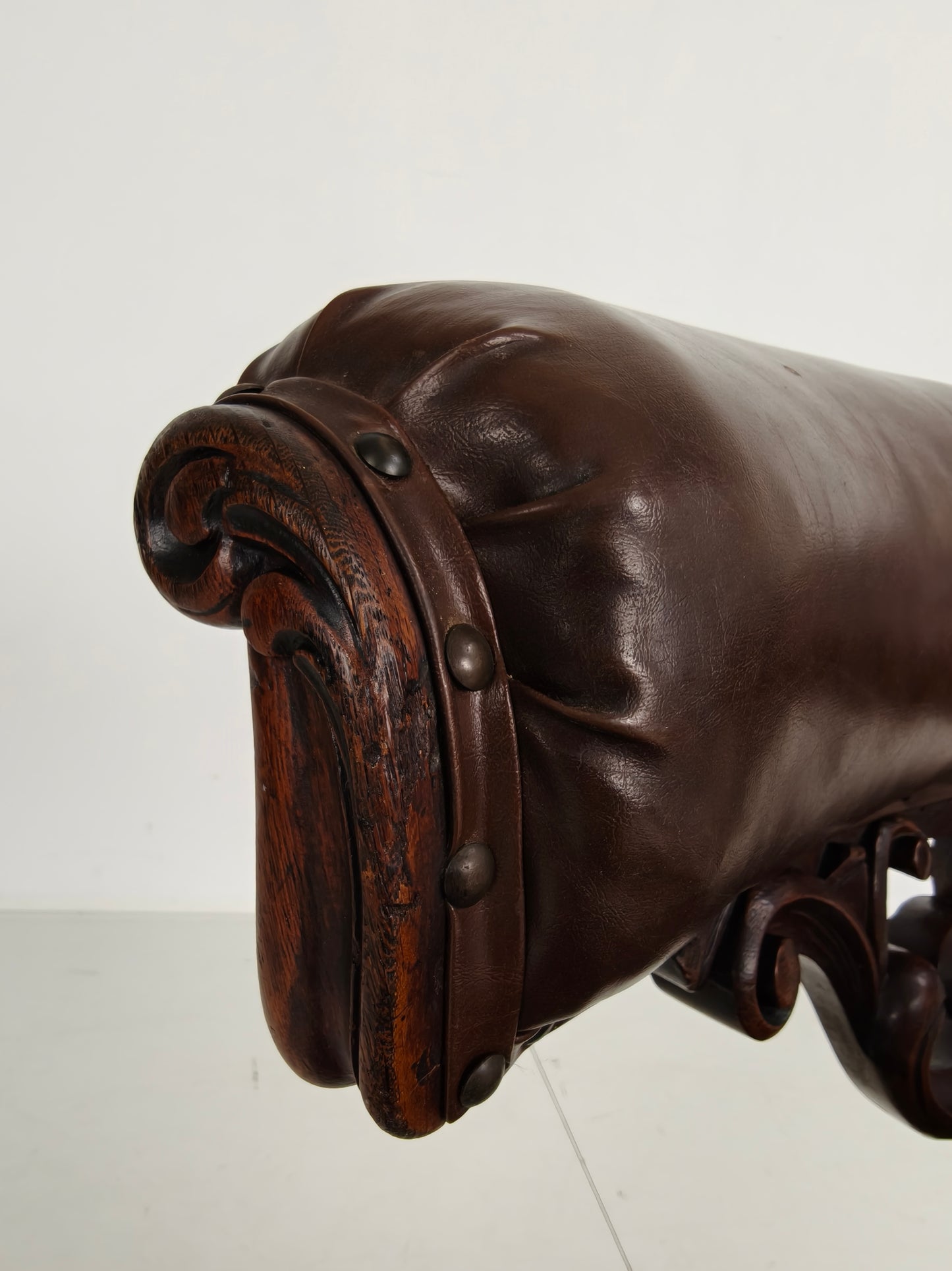 Antique Leather Armchair by Robson & Son – Carved Wood & Castors, Newcastle