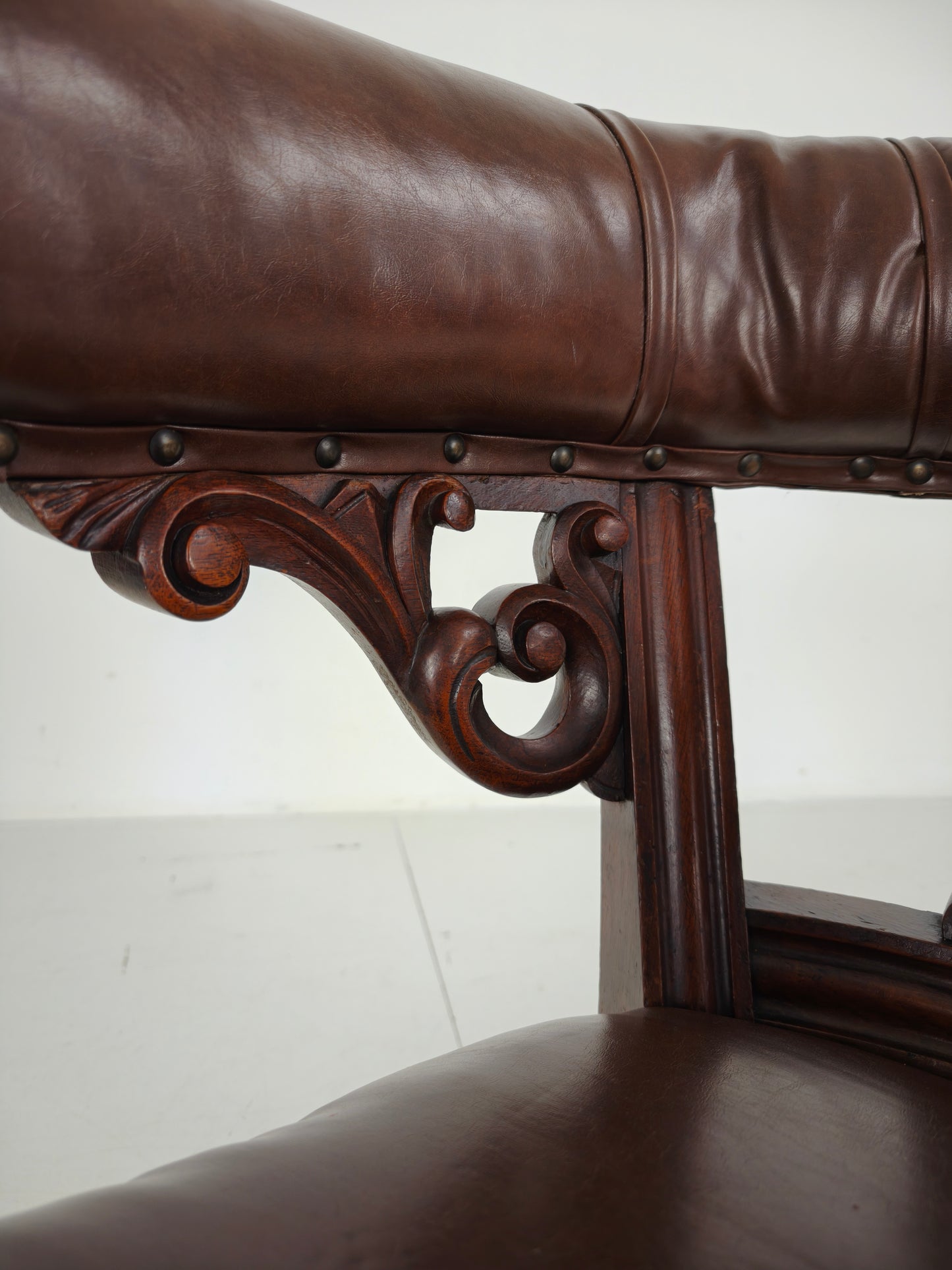 Antique Leather Armchair by Robson & Son – Carved Wood & Castors, Newcastle