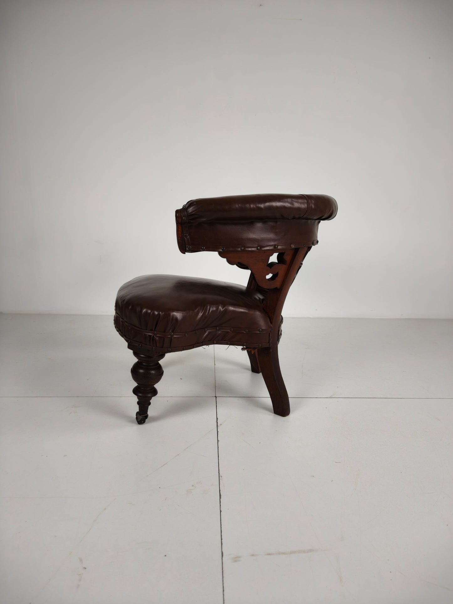 Antique Leather Armchair by Robson & Son – Carved Wood & Castors, Newcastle