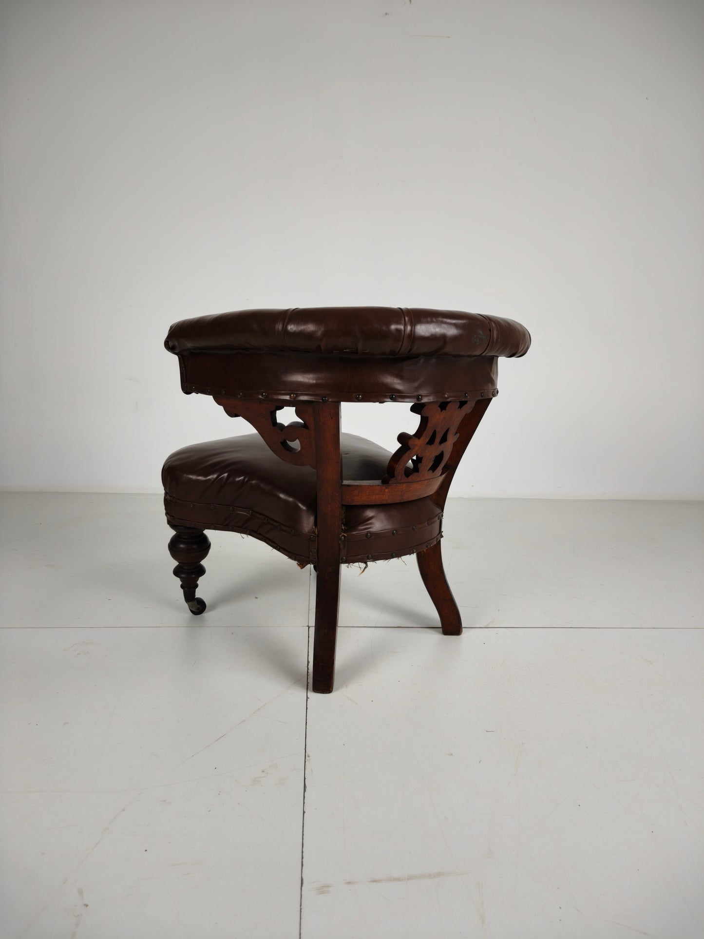 Antique Leather Armchair by Robson & Son – Carved Wood & Castors, Newcastle