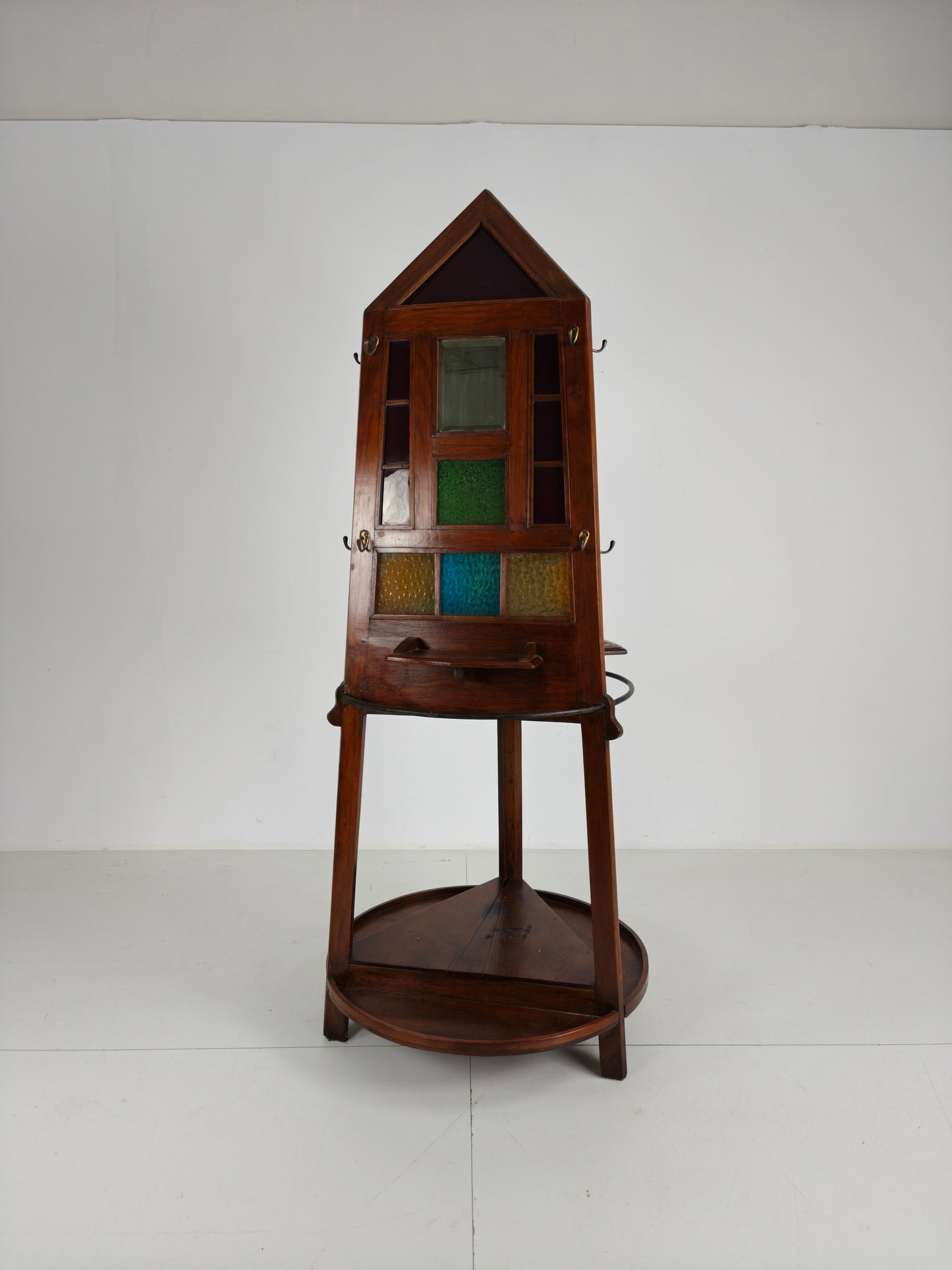 Unique Oak Art Deco Hall Stand / Umbrella Rack – 1920s Obelisk Design with Stained Glass