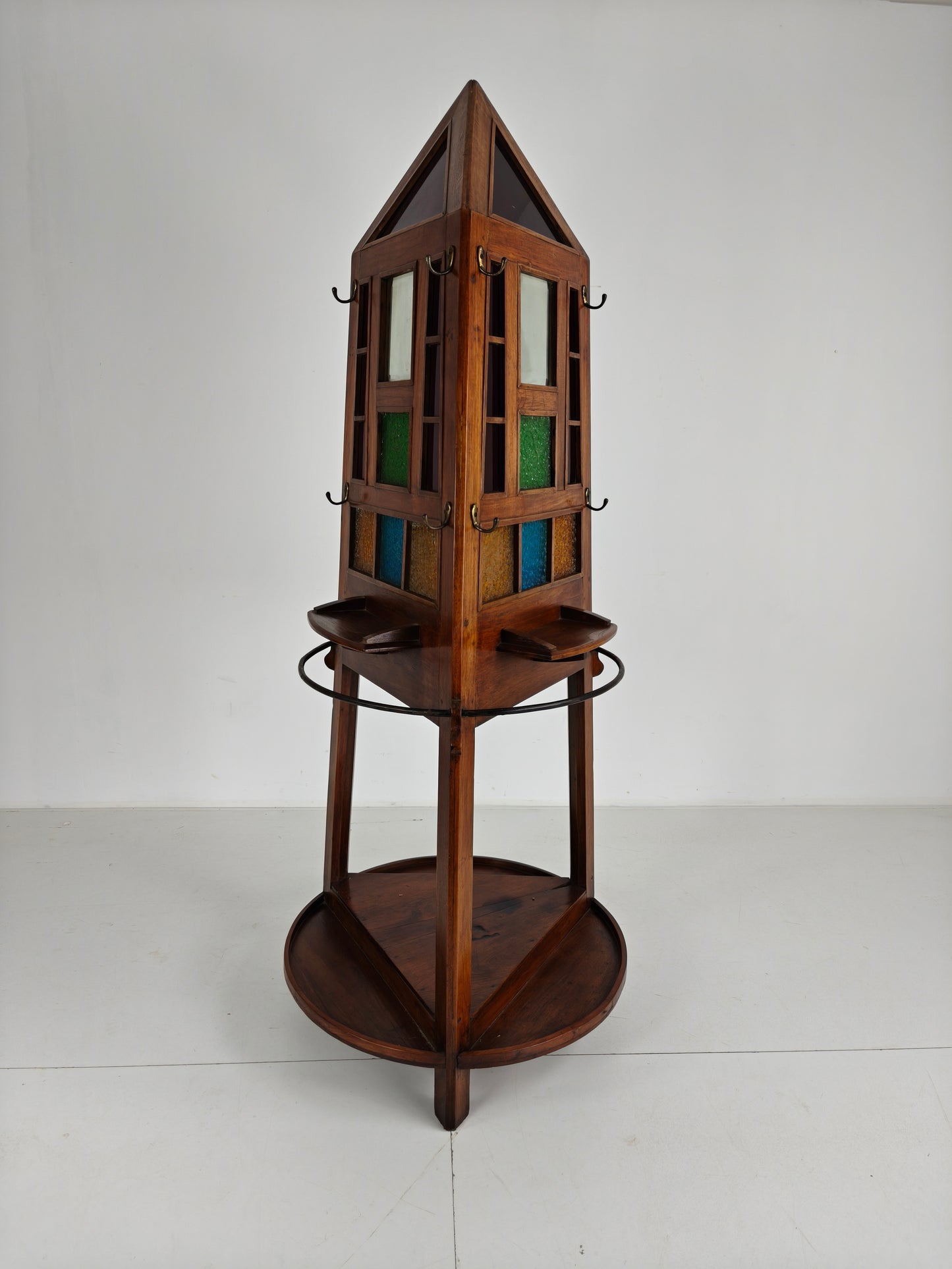 Unique Oak Art Deco Hall Stand / Umbrella Rack – 1920s Obelisk Design with Stained Glass