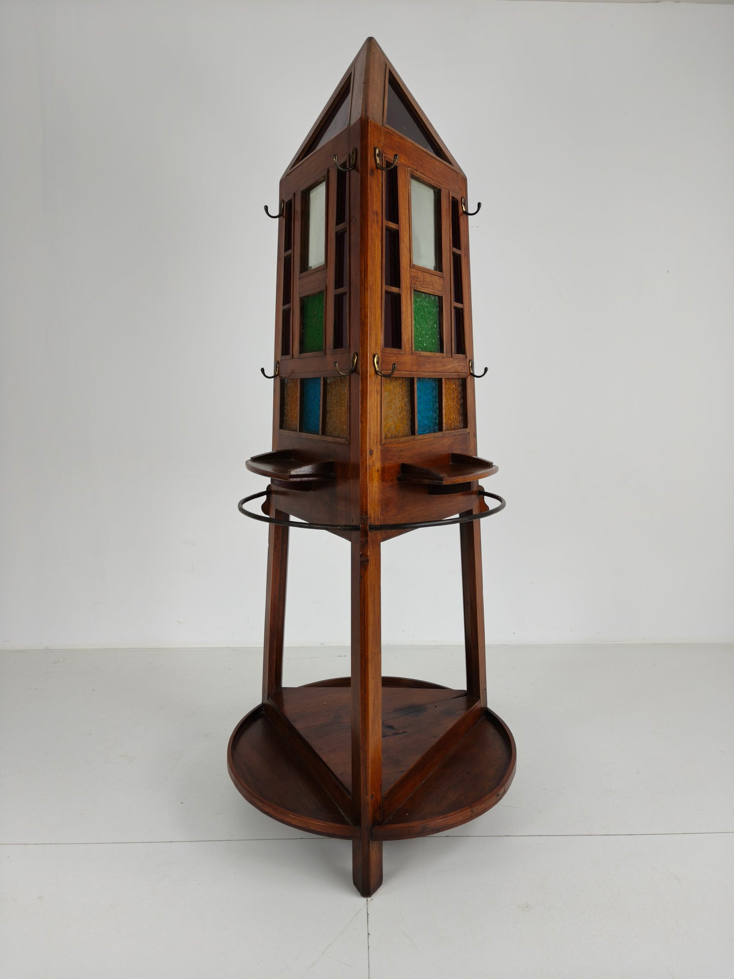 Unique Oak Art Deco Hall Stand / Umbrella Rack – 1920s Obelisk Design with Stained Glass