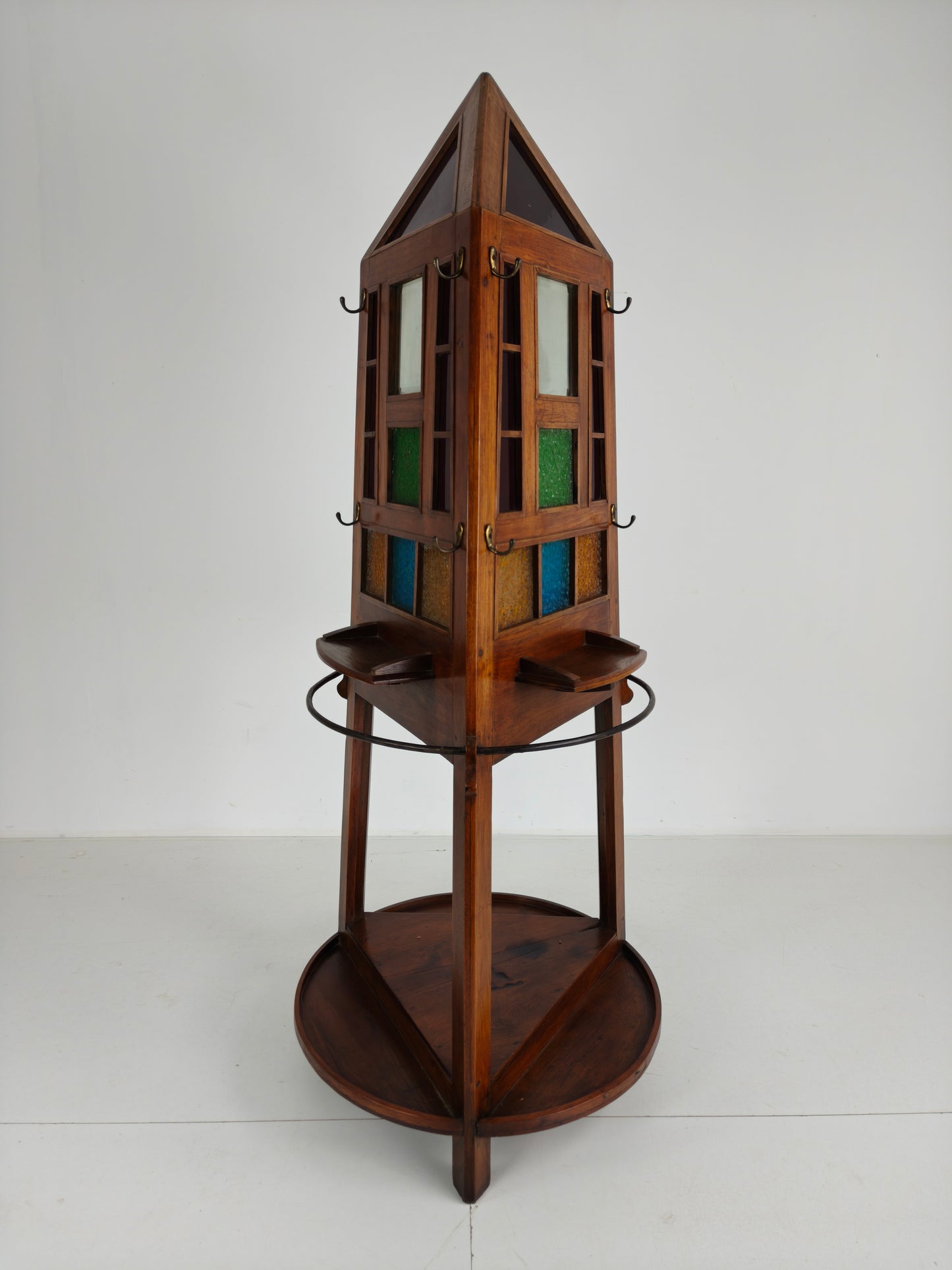 Unique Oak Art Deco Hall Stand / Umbrella Rack – 1920s Obelisk Design with Stained Glass