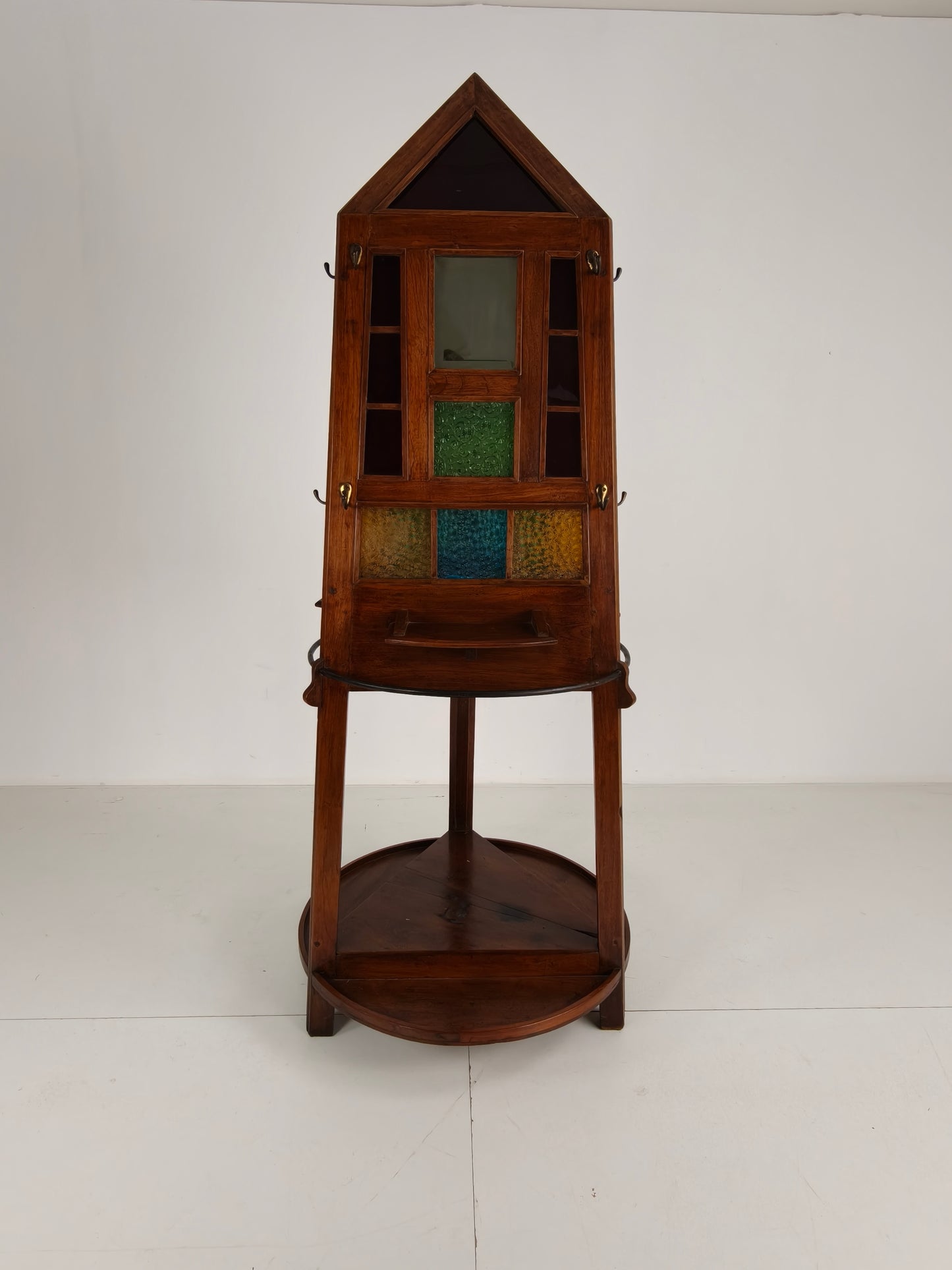 Unique Oak Art Deco Hall Stand / Umbrella Rack – 1920s Obelisk Design with Stained Glass