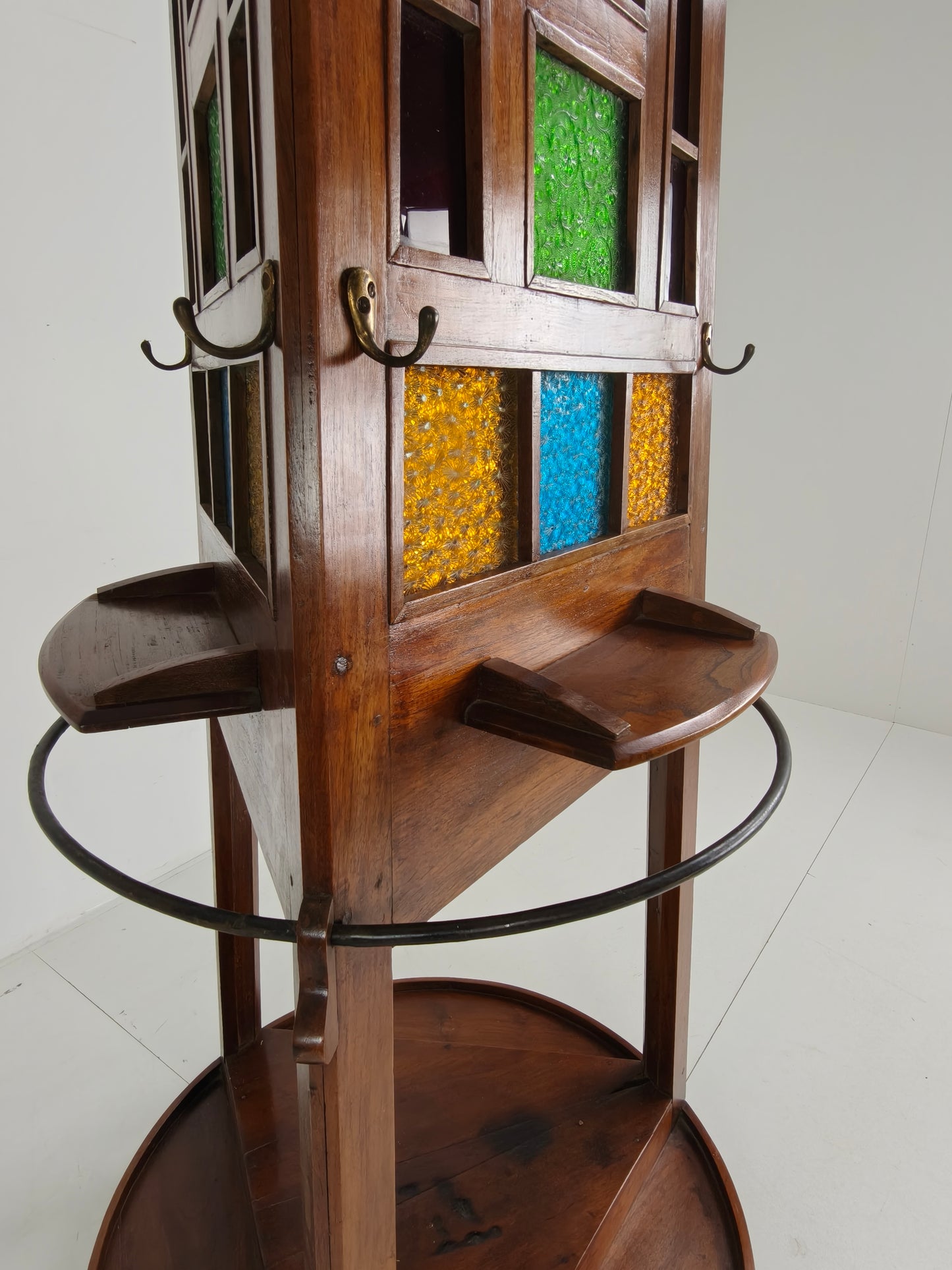 Unique Oak Art Deco Hall Stand / Umbrella Rack – 1920s Obelisk Design with Stained Glass