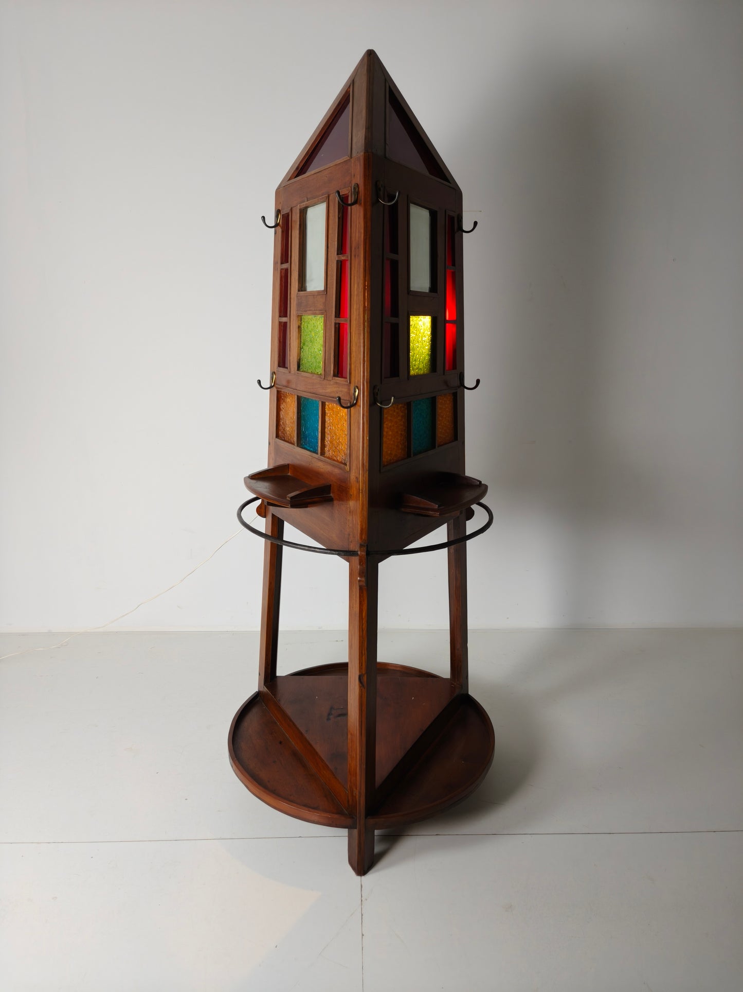 Unique Oak Art Deco Hall Stand / Umbrella Rack – 1920s Obelisk Design with Stained Glass