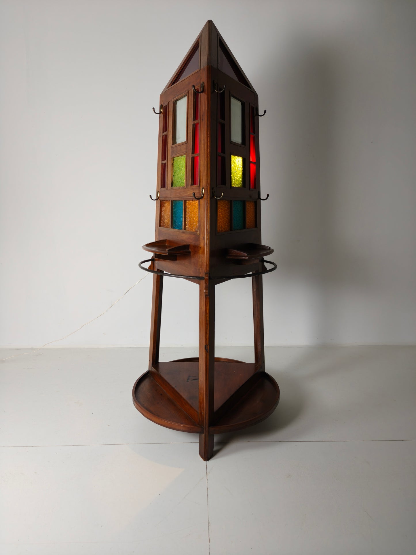 Unique Oak Art Deco Hall Stand / Umbrella Rack – 1920s Obelisk Design with Stained Glass