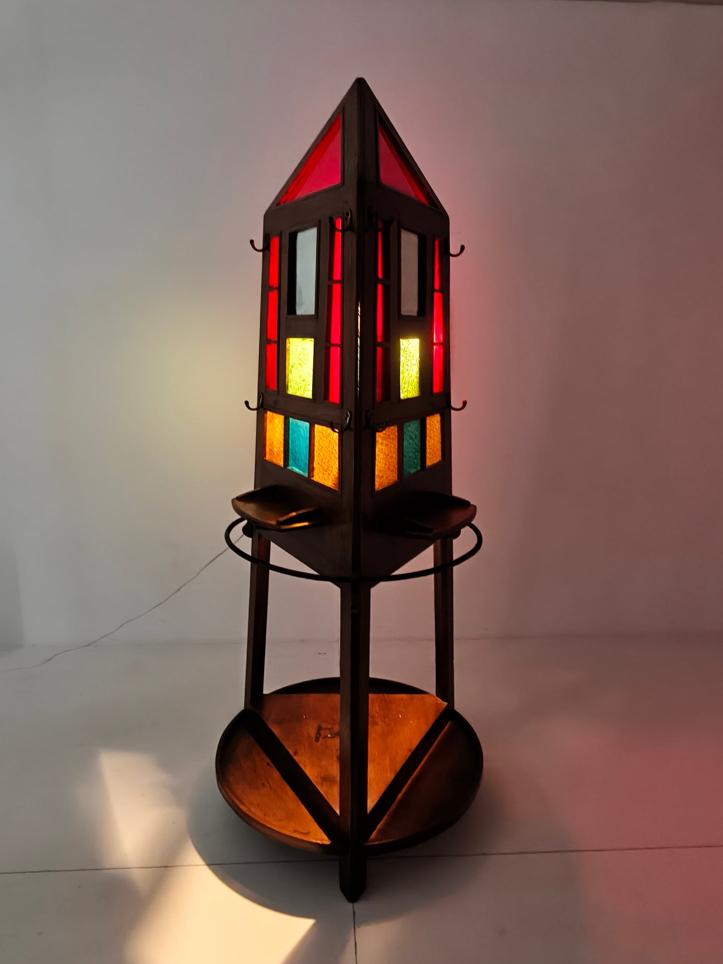 Unique Oak Art Deco Hall Stand / Umbrella Rack – 1920s Obelisk Design with Stained Glass