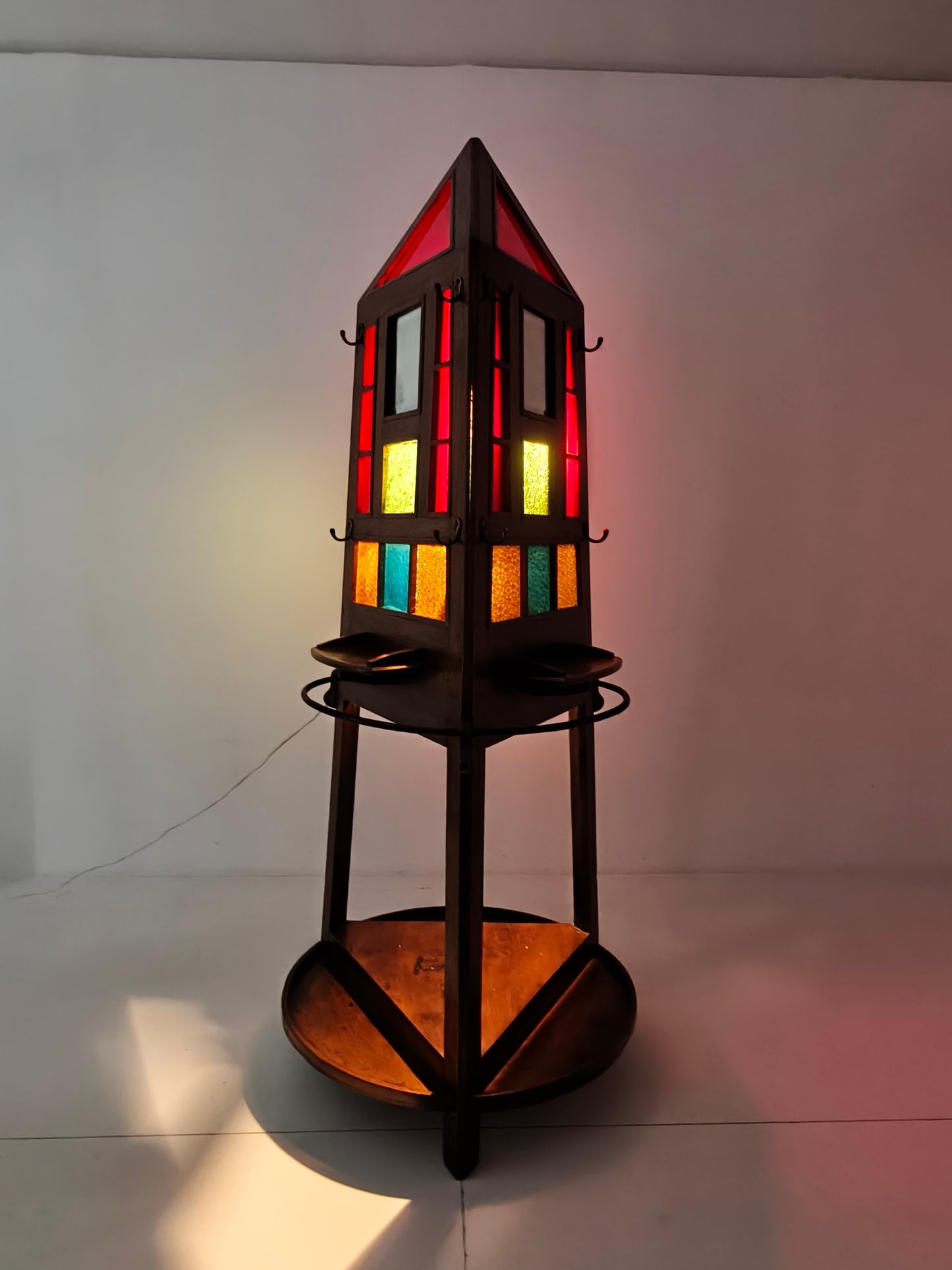 Unique Oak Art Deco Hall Stand / Umbrella Rack – 1920s Obelisk Design with Stained Glass