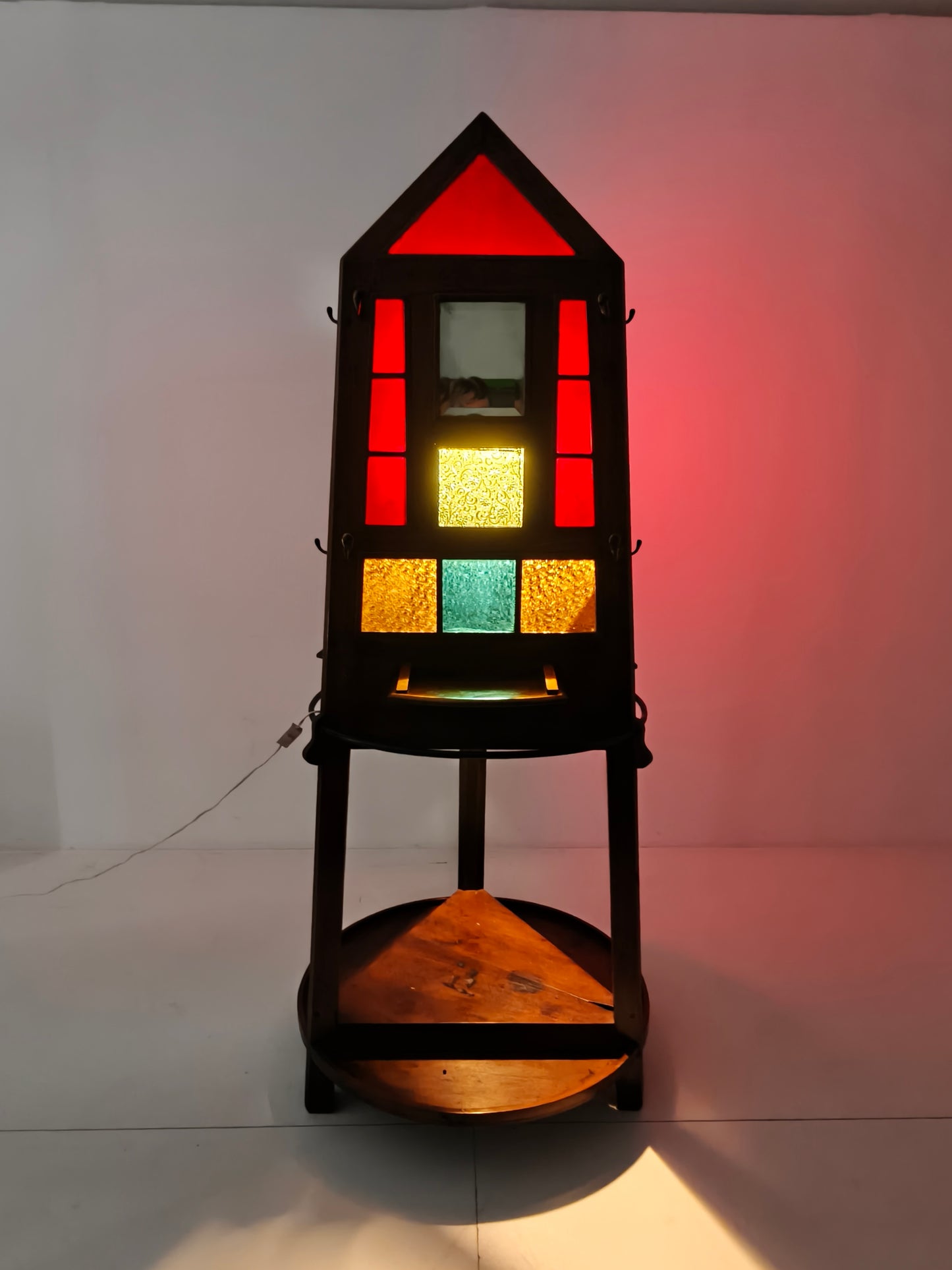 Unique Oak Art Deco Hall Stand / Umbrella Rack – 1920s Obelisk Design with Stained Glass
