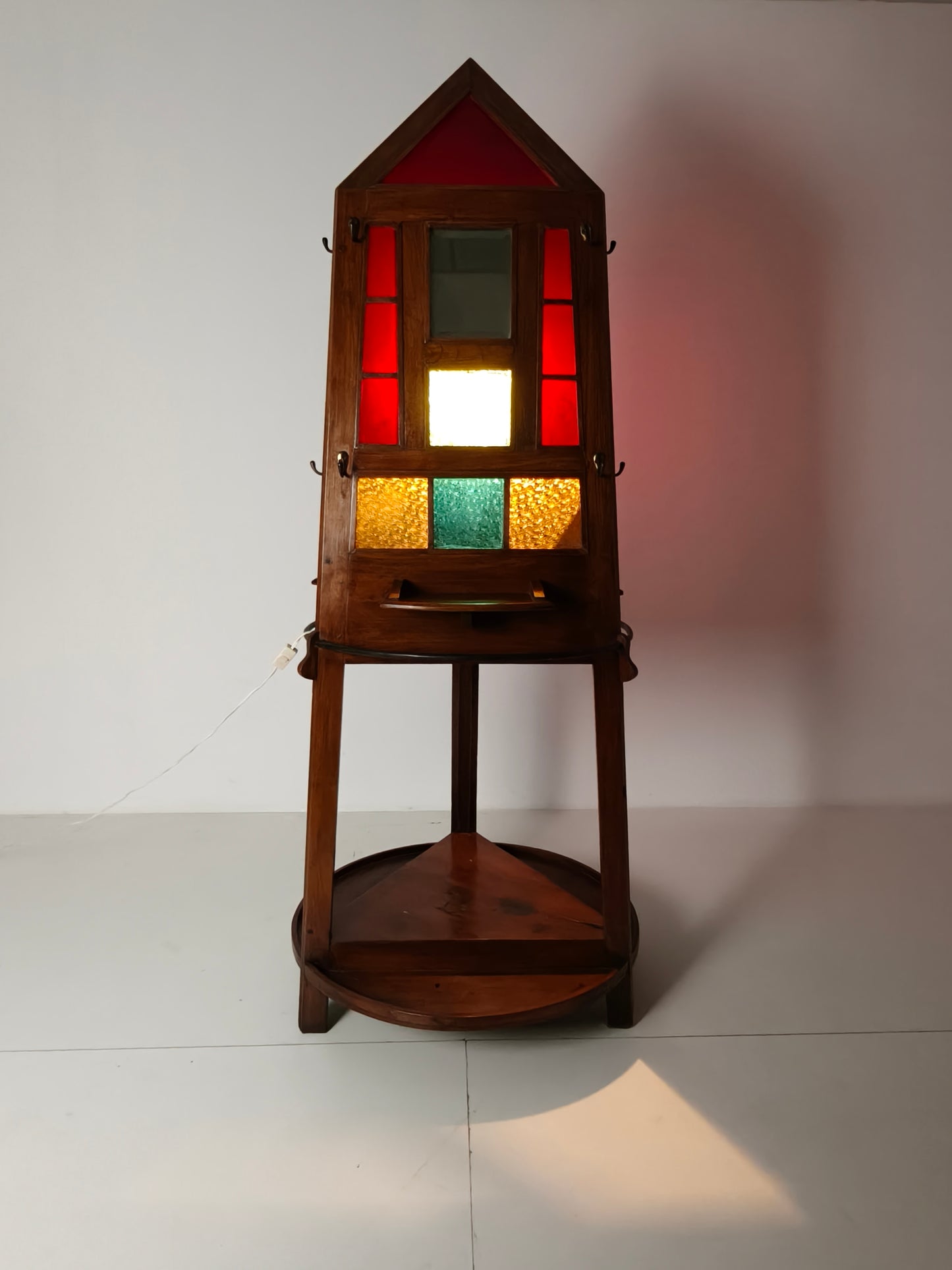 Unique Oak Art Deco Hall Stand / Umbrella Rack – 1920s Obelisk Design with Stained Glass