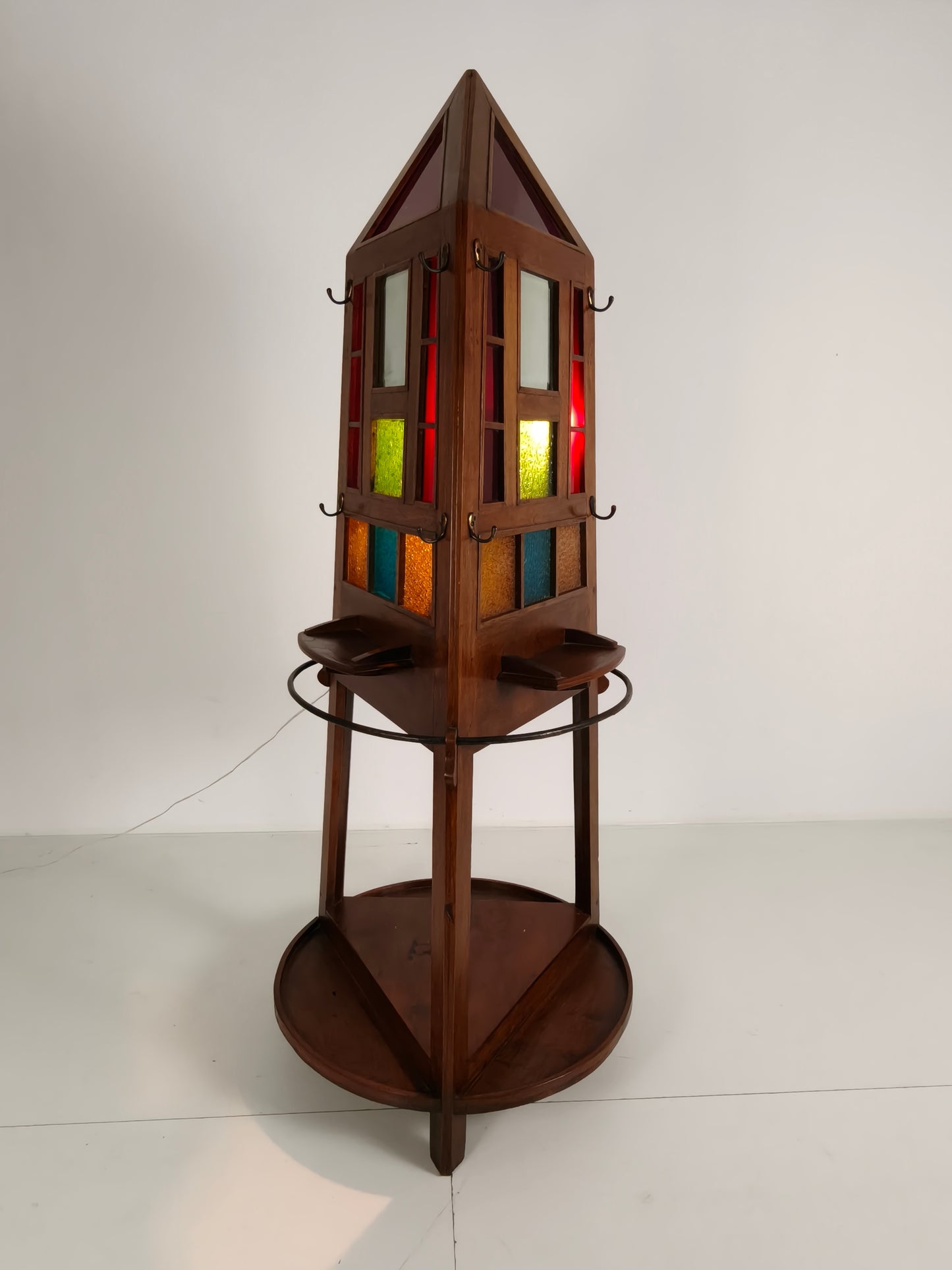 Unique Oak Art Deco Hall Stand / Umbrella Rack – 1920s Obelisk Design with Stained Glass