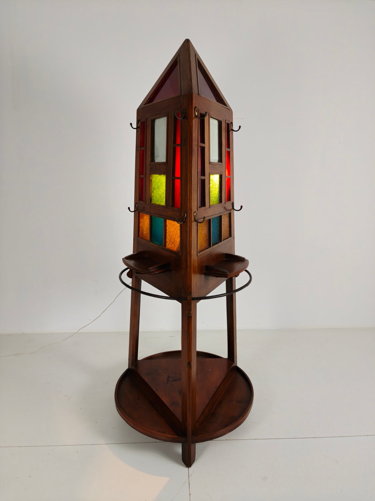 Unique Oak Art Deco Hall Stand / Umbrella Rack – 1920s Obelisk Design with Stained Glass