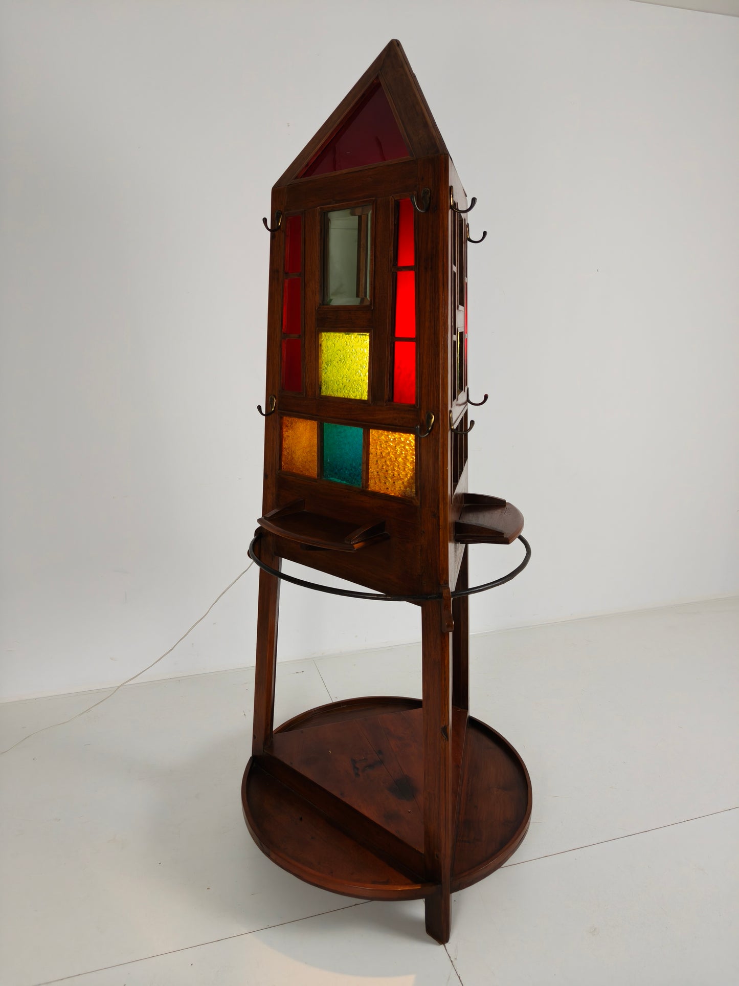 Unique Oak Art Deco Hall Stand / Umbrella Rack – 1920s Obelisk Design with Stained Glass