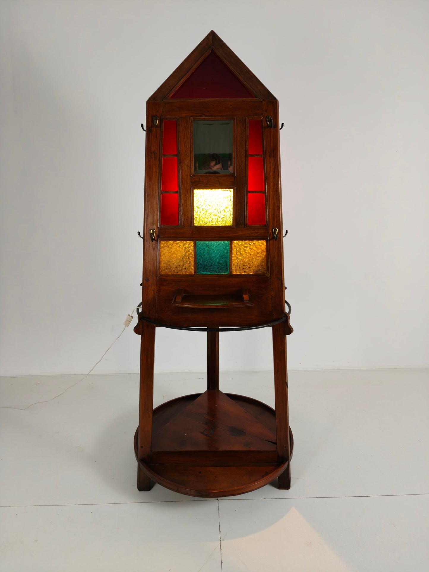 Unique Oak Art Deco Hall Stand / Umbrella Rack – 1920s Obelisk Design with Stained Glass