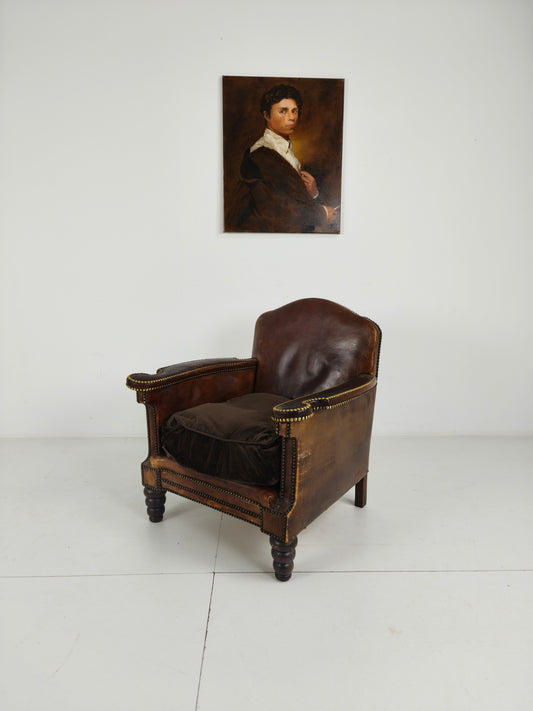 Antique Leather Club Chair with Stud Detailing