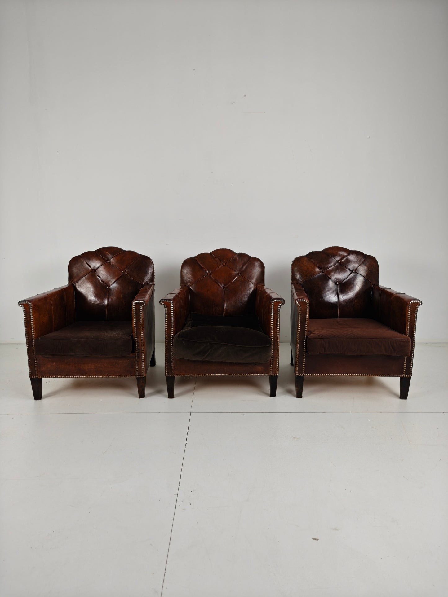 Beautiful Set of 3 Leather Club Chairs – 1930s Sheepskin