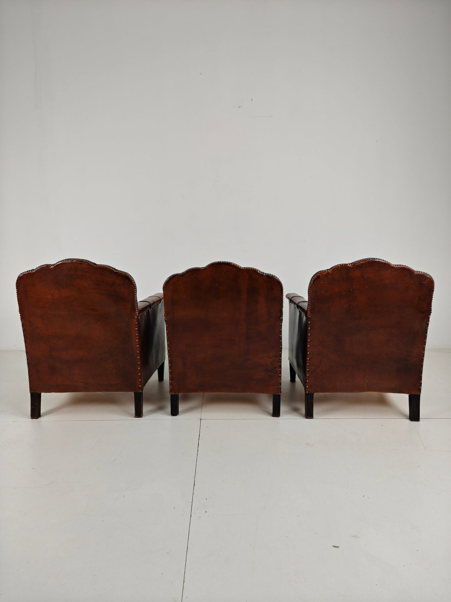Beautiful Set of 3 Leather Club Chairs – 1930s Sheepskin