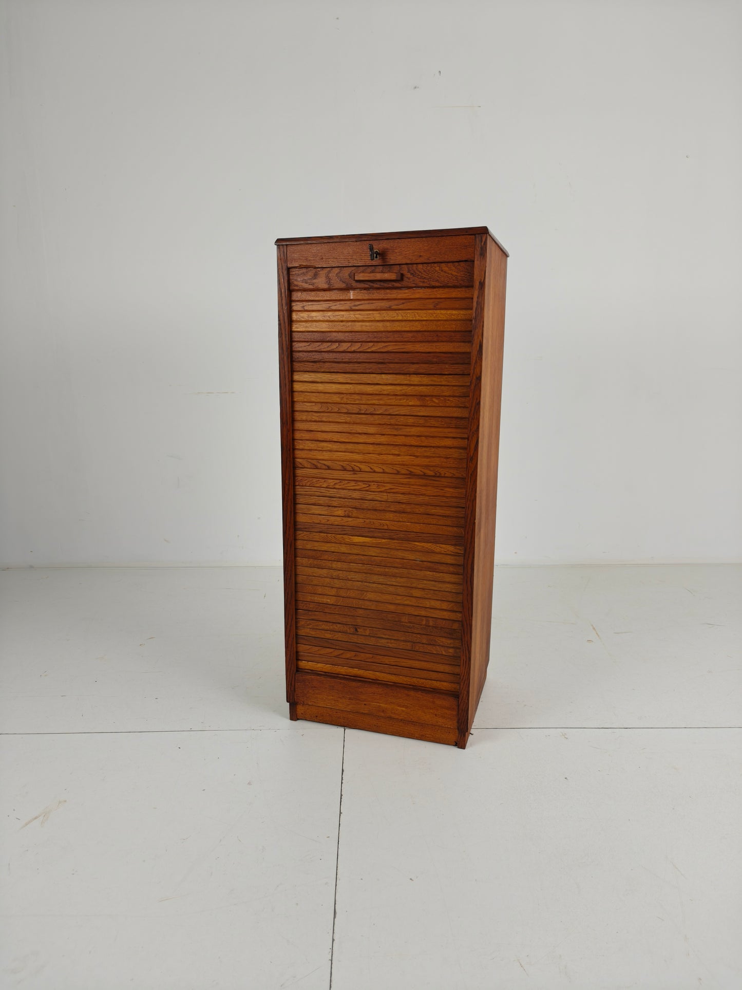 1940s Dutch Oak Archive Cabinet with Tambour Door – Includes Key