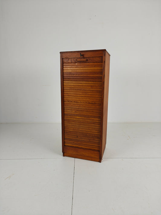 1940s Dutch Oak Archive Cabinet with Tambour Door – Includes Key