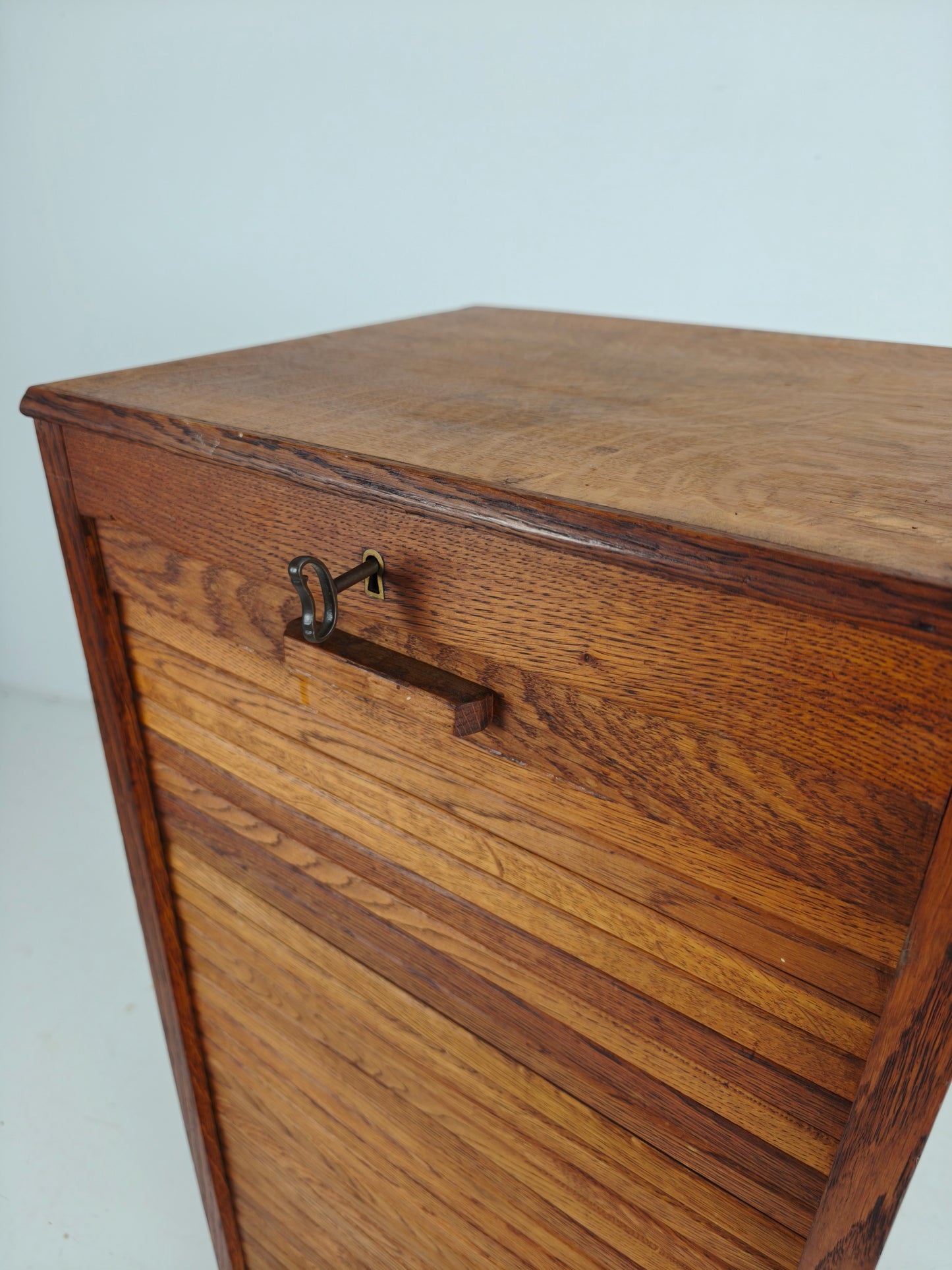 1940s Dutch Oak Archive Cabinet with Tambour Door – Includes Key