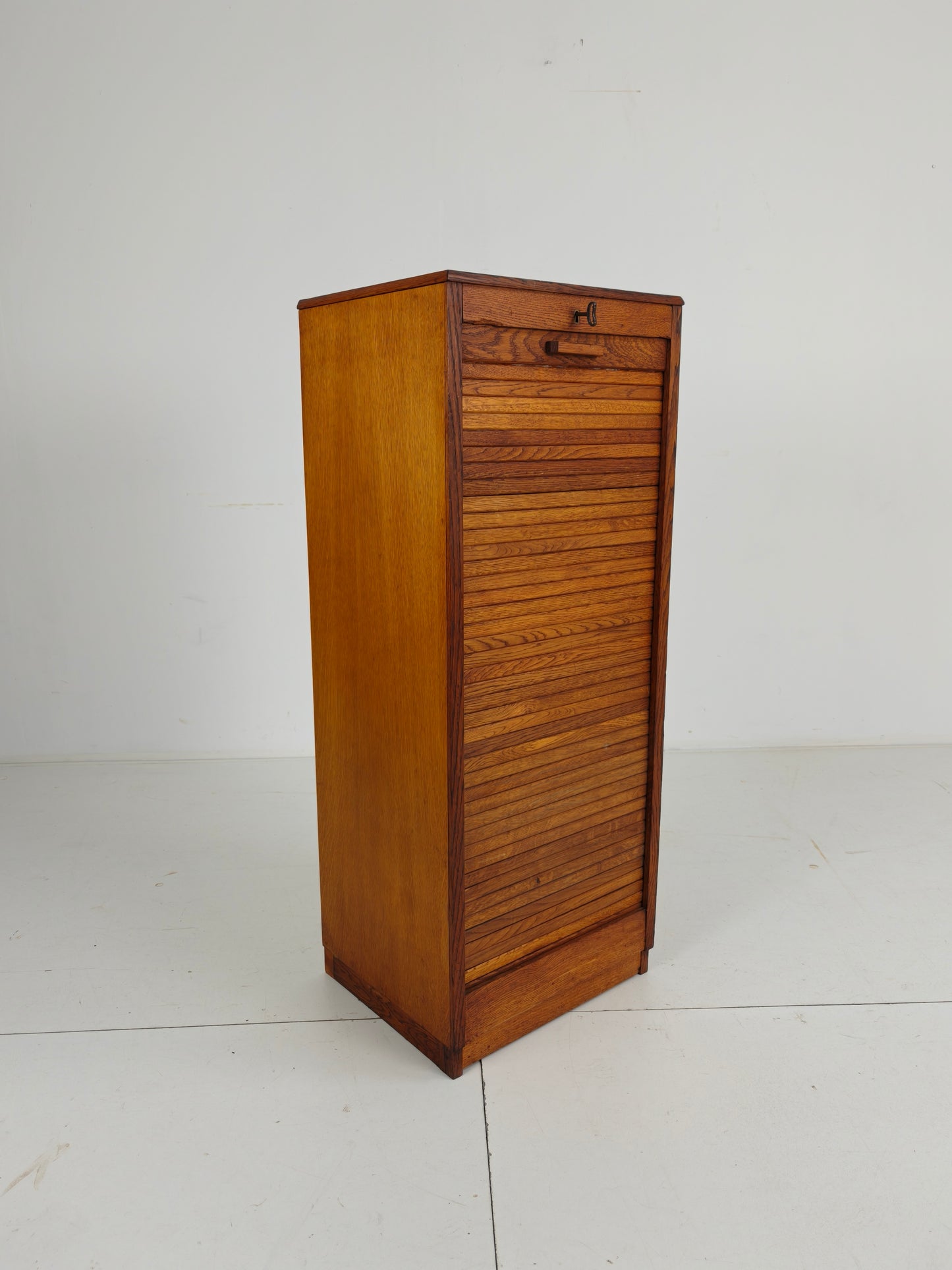 1940s Dutch Oak Archive Cabinet with Tambour Door – Includes Key